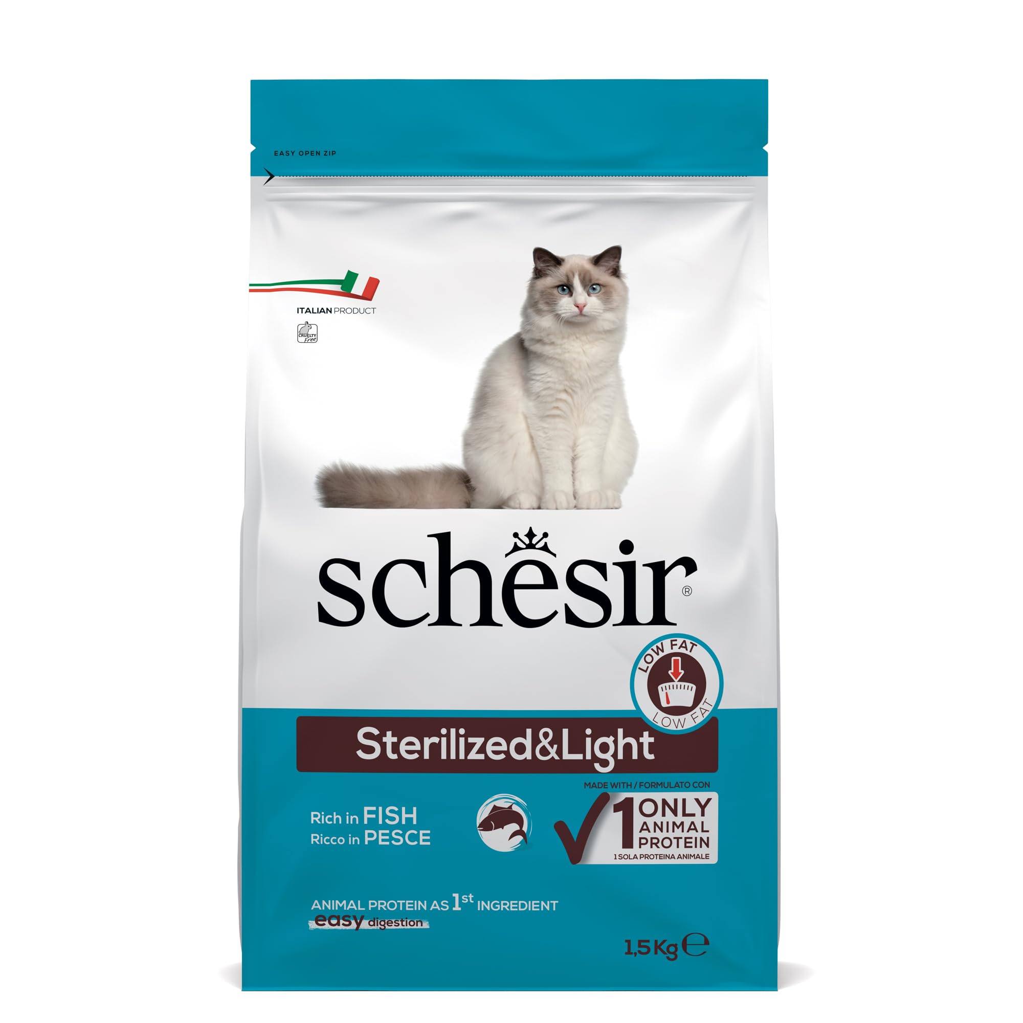 Schesir Sterilized & Light, Cibo Secco per Gatti Adulti Sterilizzati al Gusto Pesce, Crocchette - Sacco da 1,5 Kg