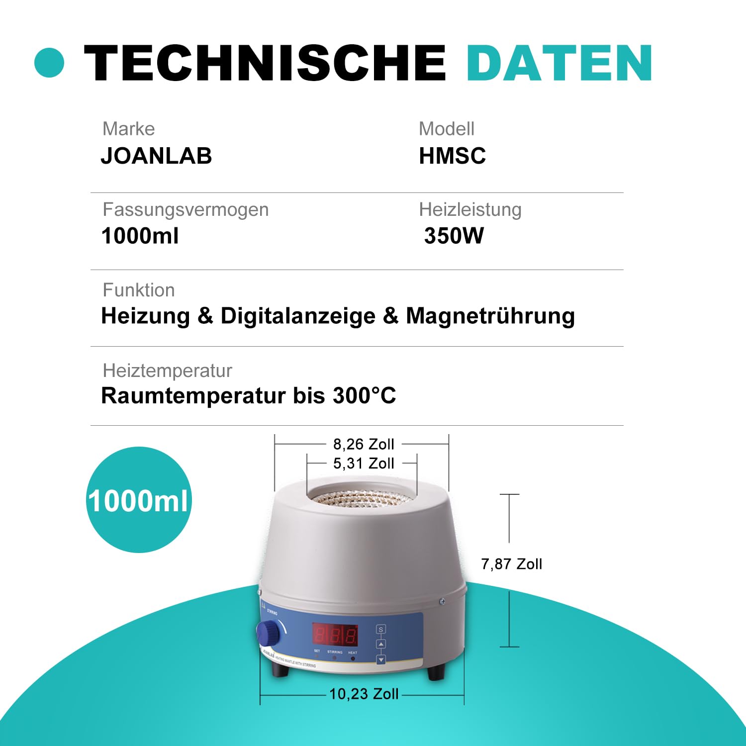 JOANLAB Magnetrührer mit Heizhaube 1000ml, 350W Labor-Thermostat mit Digitalanzeige, Temperatursonde & Timer-Funktion