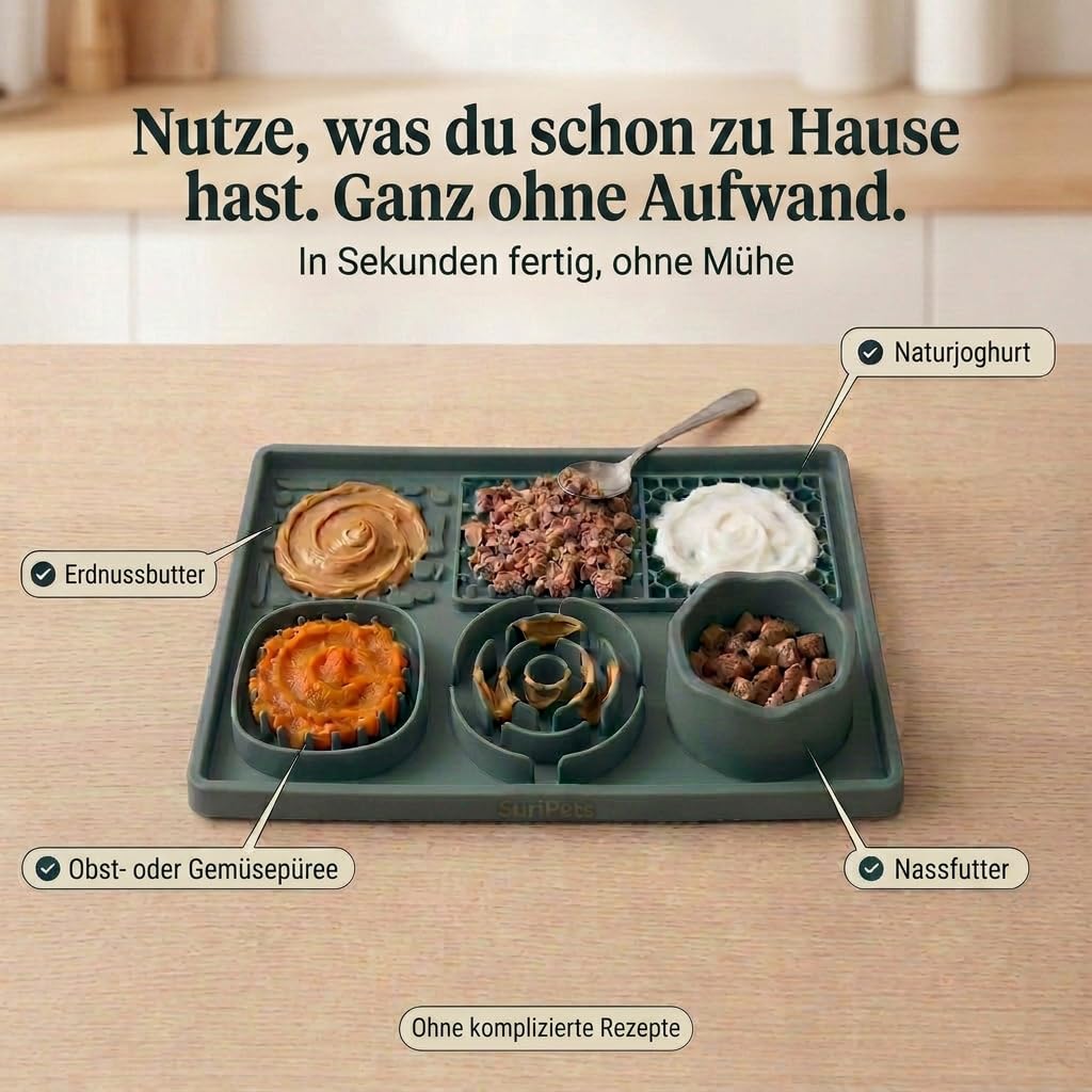 Schleckmatte Hund & Katze mit Napf – LFGB Silikon Lick Mat mit Saugnäpfen – Slow Feeder gegen Schlingen, Stress & Langeweile – inkl. Spatel – BPA frei & spülmaschinenfest