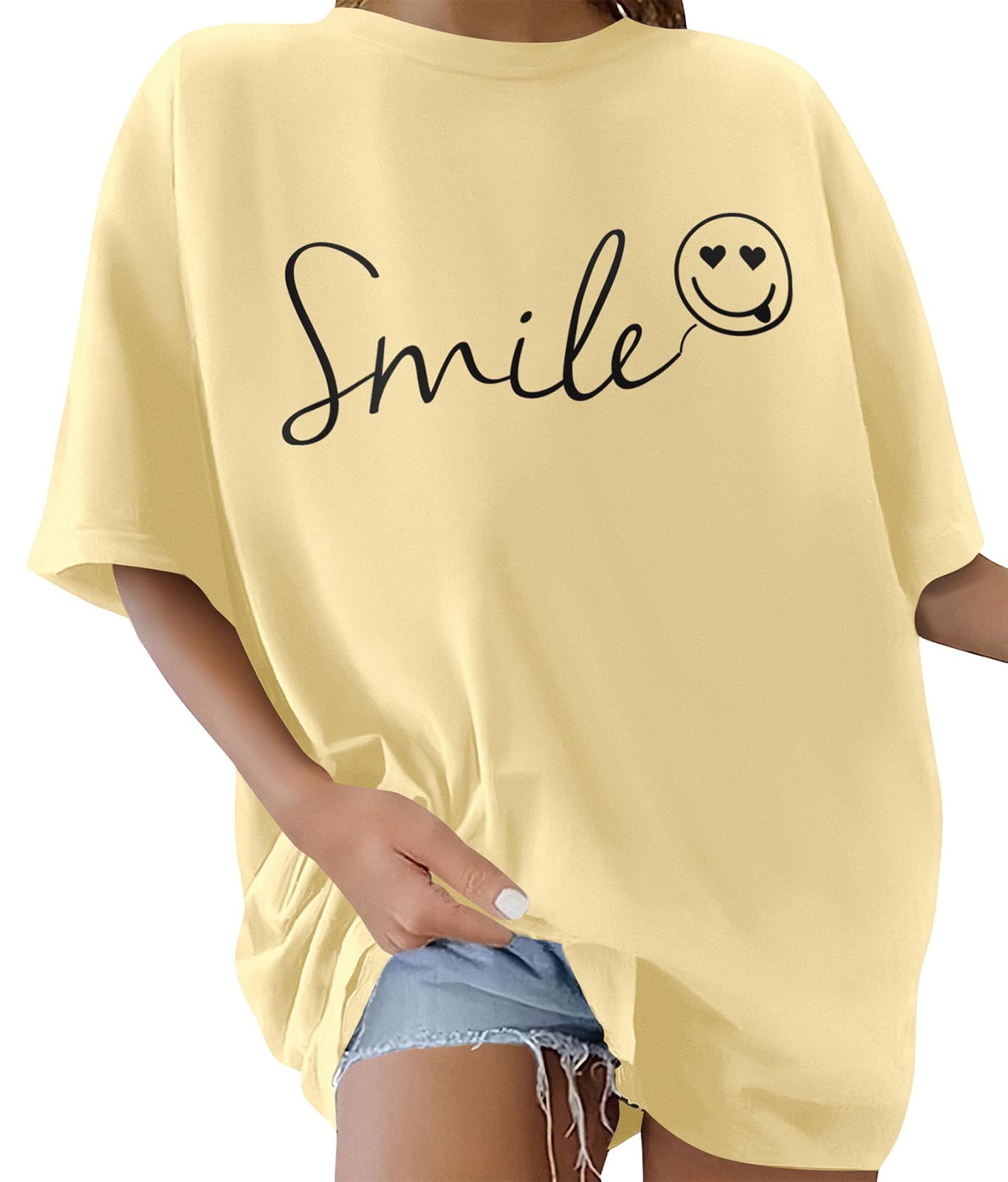 heekpek T Shirt Damen Oversize Sommer Baumwolle Tshirt Rundhals Locker Lächeln Drucke Kurzarm T-Shirt Übergroße Casual Basic Top