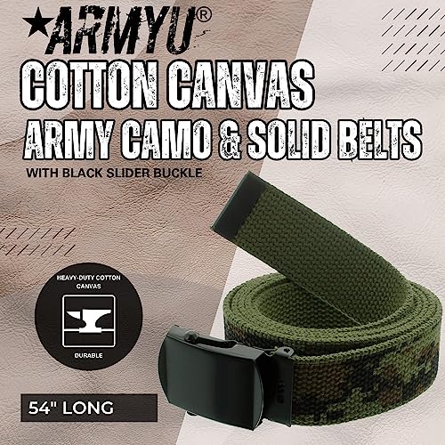 ARMYU Military Web Belt Reversible Cotton Canvas Army Camo & Solid Belts with Black Buckle 54"2