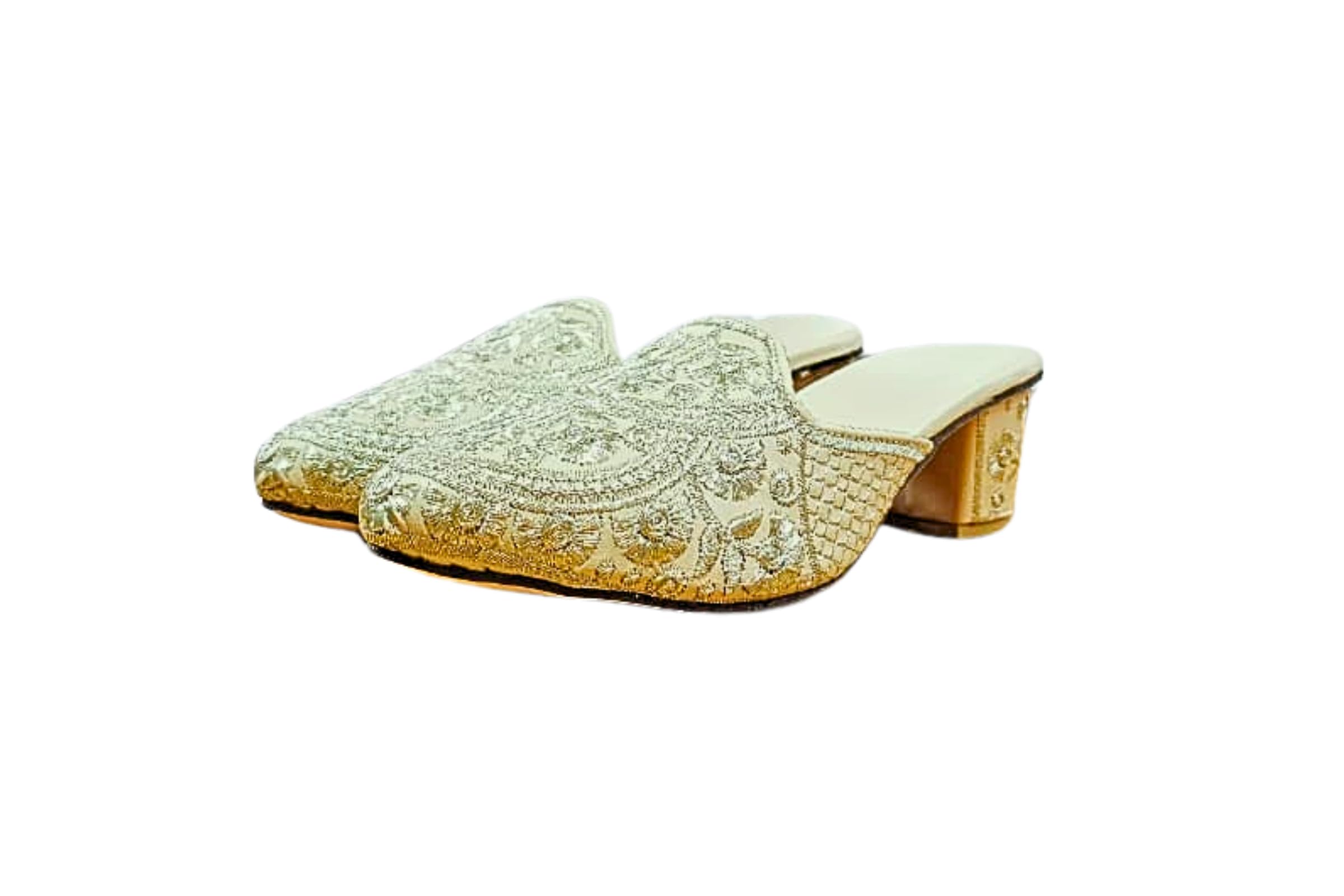 Women's Golden Zari Work Block Heel Shoes | Handcrafted Ethnic Slip-On Footwear for Wedding & Parties-image-42