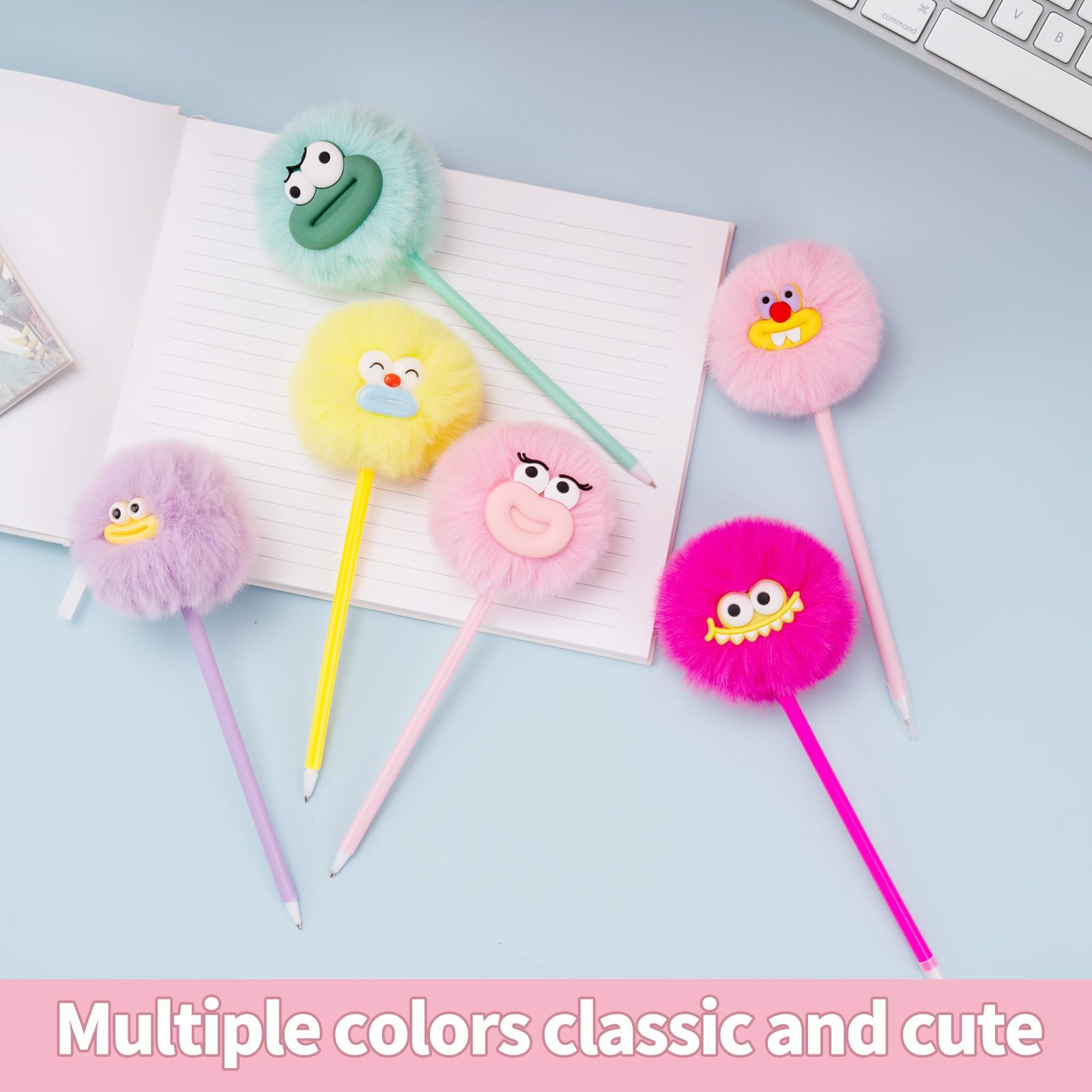OMyFav 30 bolígrafos esponjosos con pompones lindos y divertidos bolígrafos kawaii para niños, animales de peluche coloridos para premios de aula, suministros de oficina