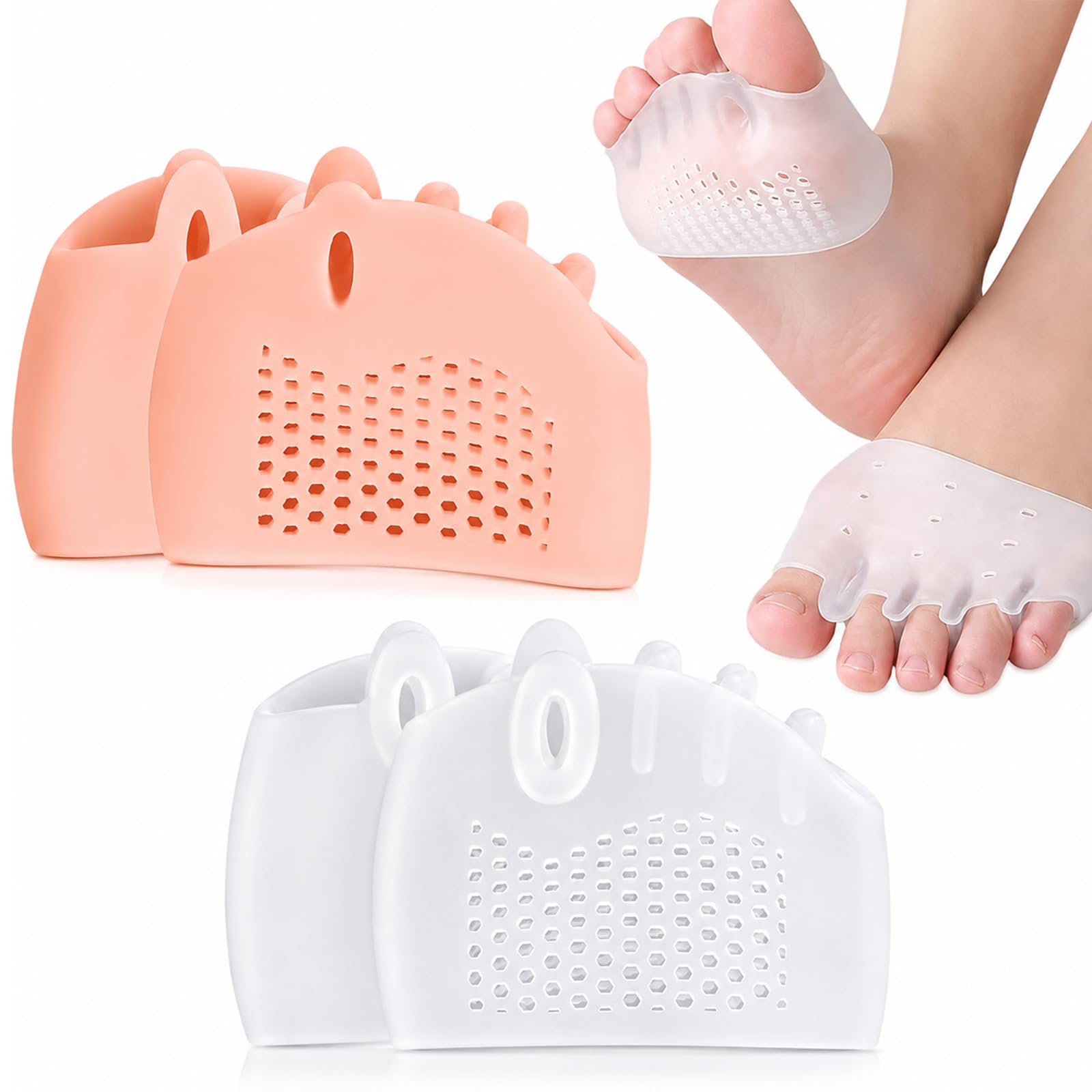 2pair Alignura 3 in 1 Pro Toe Straighteners, Silicone Forefoot Sleeves with Toe Separators,Flexible Silicone Forefoot Sleeves With Toe Separators,Ultra-Thin Design For Everyday Wear (Transparent+Pink)