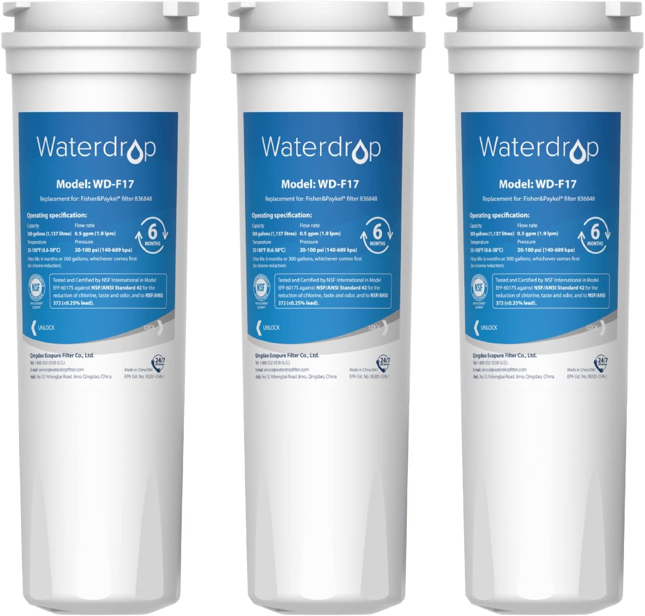 Waterdrop 836848 Compatible with Fisher & Paykel 836860, 862285, 862284, E402, E442B, E522B, RO185014, RO185011, Refrigerator Water Filter, Pack of 3