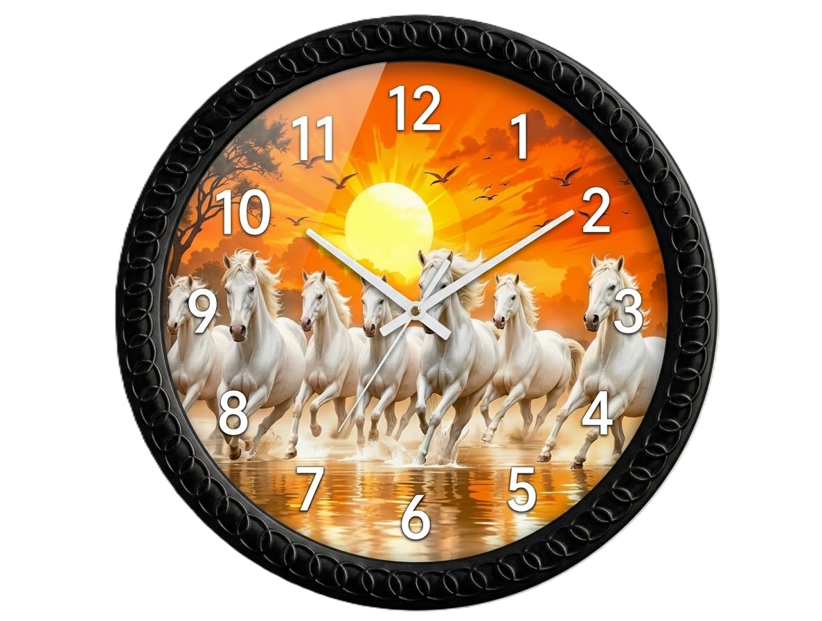 Seven White Running Horses Wall Clock 10 Inch Silent Non-Ticking Quartz Clock | Vastu Horse Wall Clock for Home, Living Room, Office, Bedroom |Decorative Black Frame Clock_W7H_05-image-19
