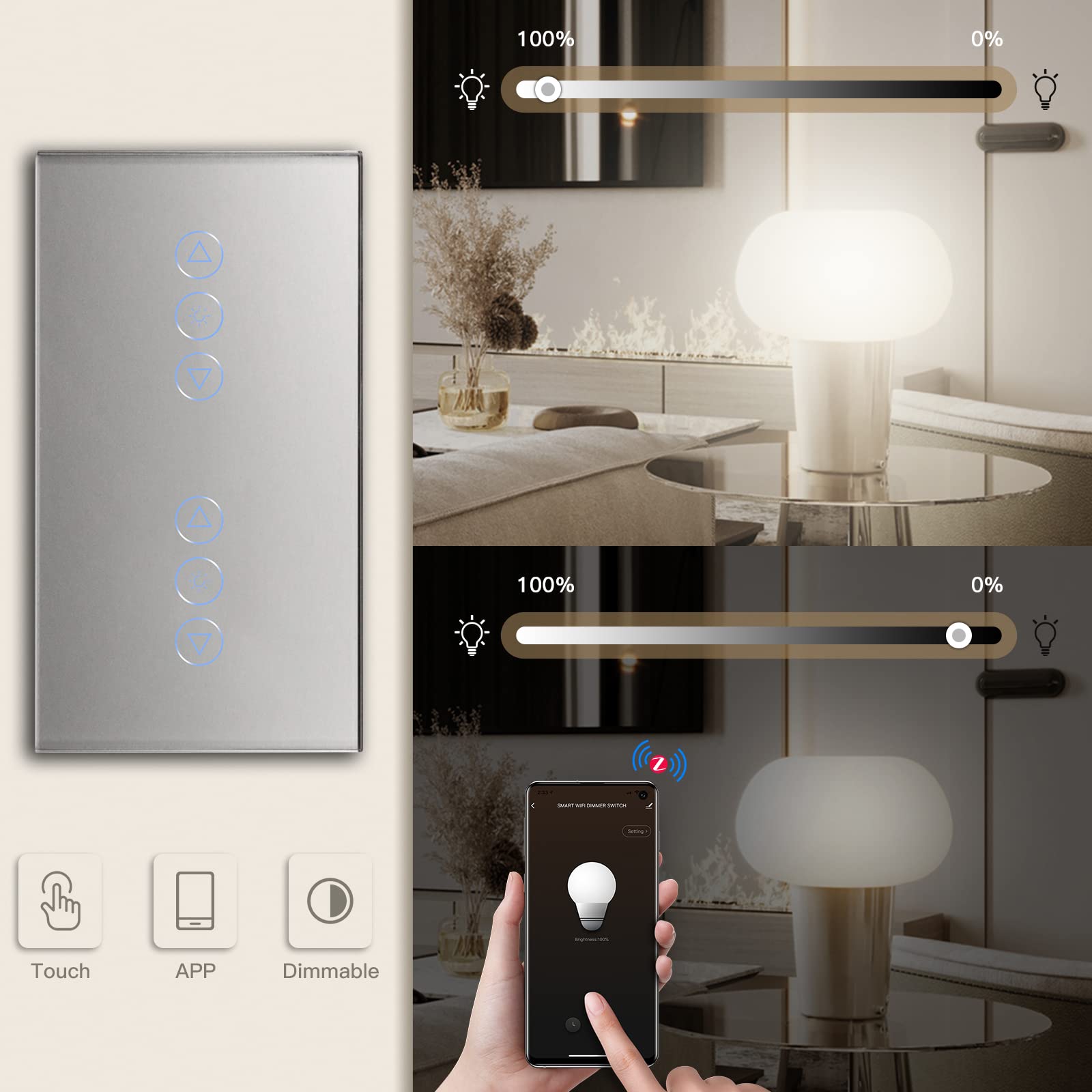 2 pièces 2 gangs-interrupteur intelligent WiFi avec variateur et LED, 1 2 pièces 2 gangs-interrupteur intelligent WiFi avec variateur et LED, 1