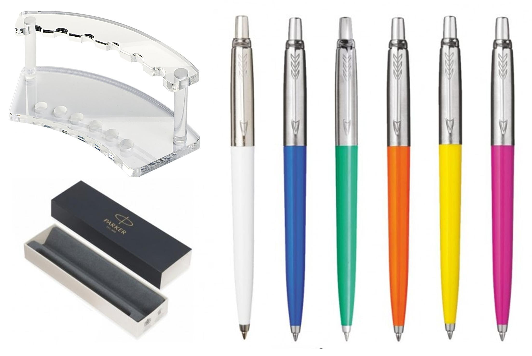 Parker Jotter Set Penne Colorate, 6 Pezzi con Espositore in Plexiglass e Scatole Regalo, Colori Moderni