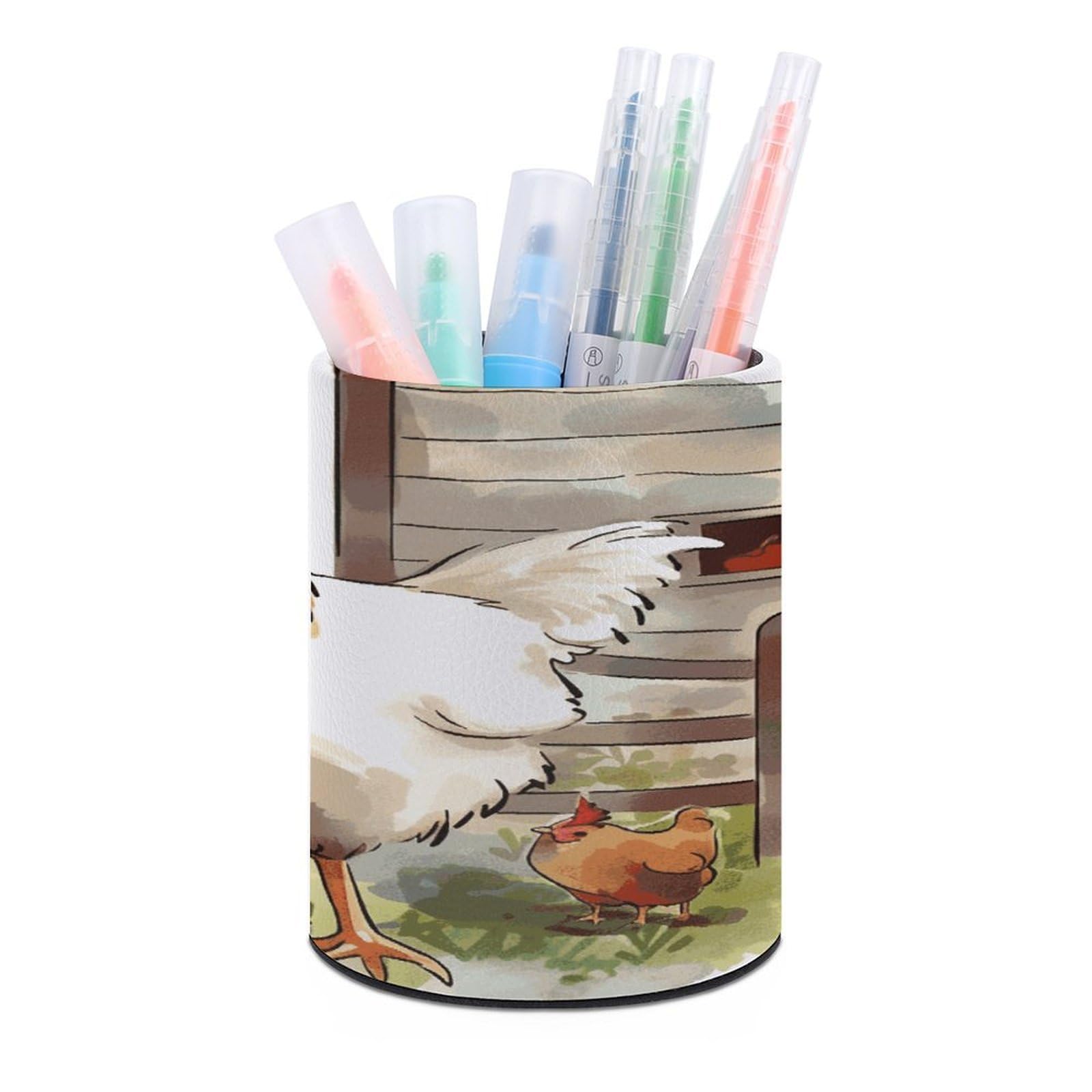 JTREHY Farm Animals Pen Holder Round Pen Pencil Holder Makeup Brush Holders Cup PU Leather Pencil Cups Desktop Caddy Stationery Organizer Case Office Accessories Container Box