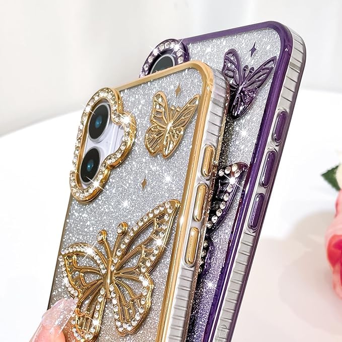Image of VONZEE Electroplated Butterfly Case Compatible with iPhone 17, Pearlescent Diamond Sparkle Soft TPU Cover, Shockproof Drop Protection, Camera Lens Guard Stylish Phone Case for Women & Girls, Pink