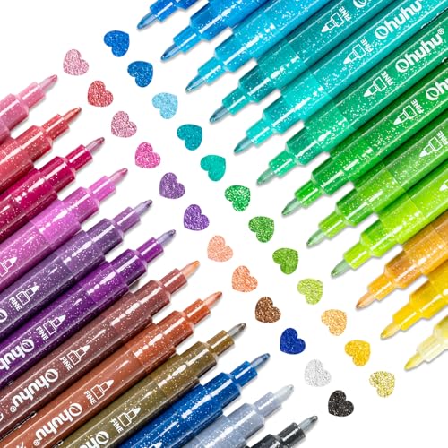 Ohuhu Acrylic Glitter Markers 24 Metallic Glitter Colors Fine Tip Paint Pens for Fine Details & Shimmer Accents Water-Based & Quick Dry for DIY Crafts Cards Journals Wood & Rock Painting
