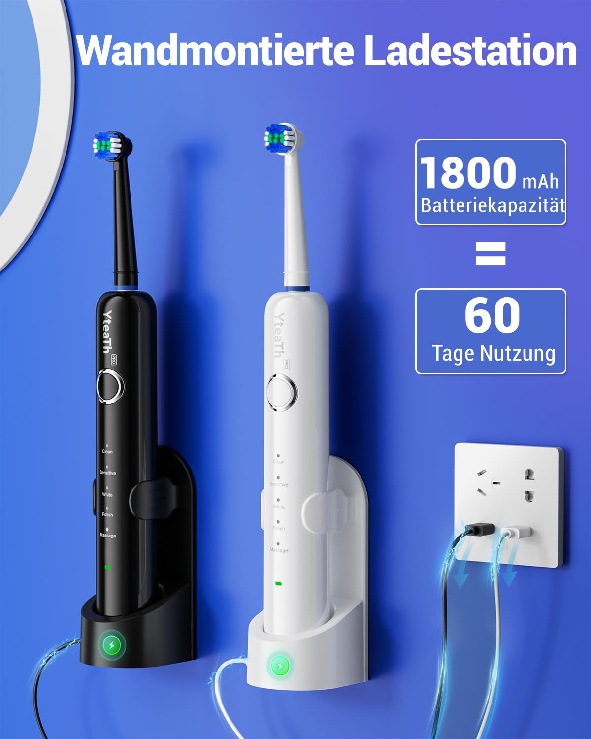 Rotierend Elektrische Zahnbürsten für Erwachsene und Kinder mit 10 Aufsteckbürste, Electric Toothbrush mit Wandhalterung Ladestation, 5 Putzmodi, 60 Tage Akkulaufzeit (Schwarz+Weiß) | 10 Aufsteckbürste, Wandhalterung Ladestation, Reiseetui, 5 Putzmodi, 60