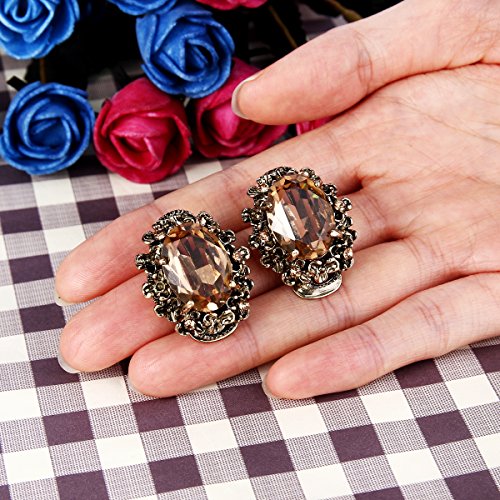 Brilove 12001631-3 Victorian Style Clip On Earrings For Women Crystal Floral Cameo Inspired Oval Earrings Champagne Antique-Gold-Toned thumb #4