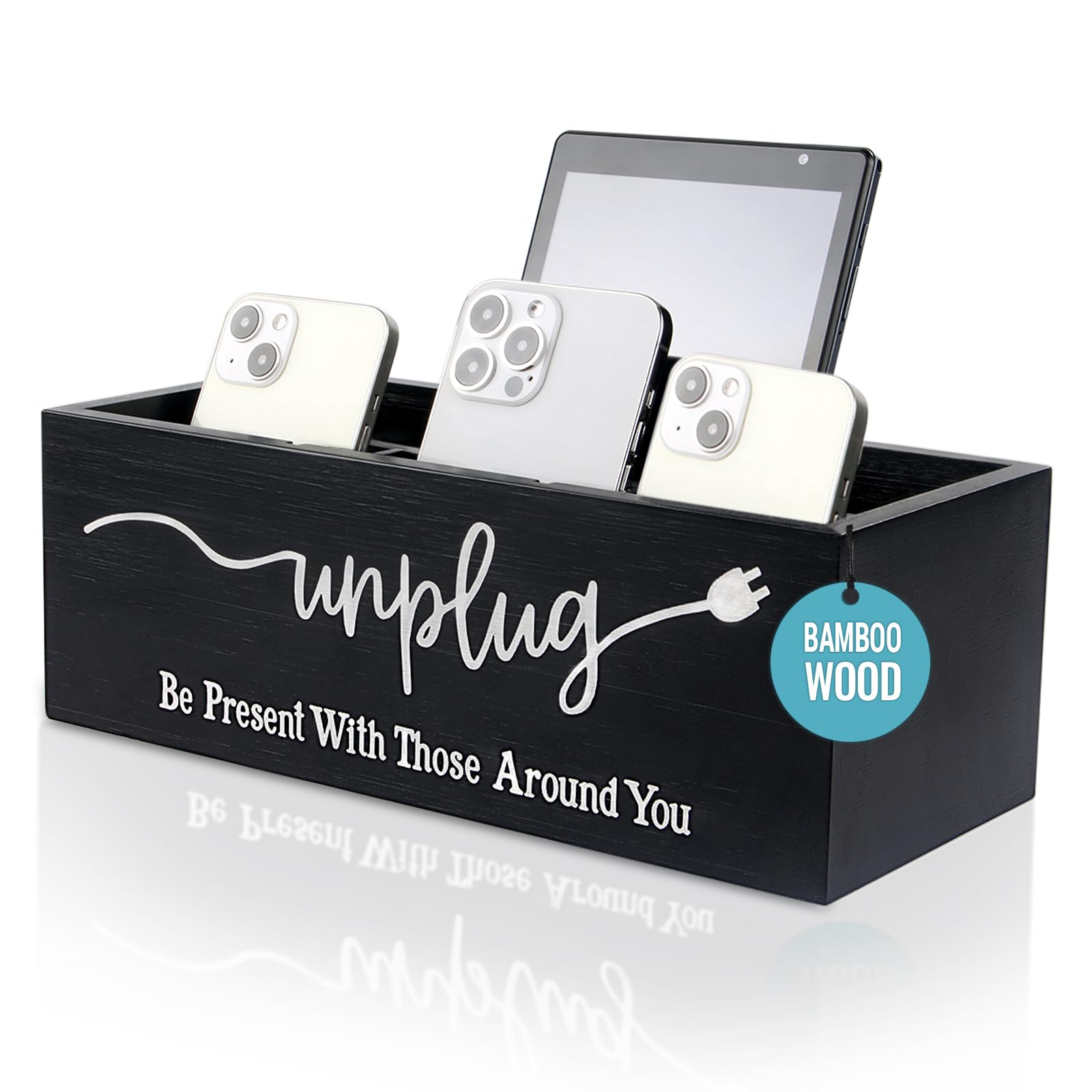 Bamboo Wood Phone Box – Unplug from Phones, Tablets, and Electronics for Study, Meetings, and Family Time, Phone Holder Organizer with Charging Holes,