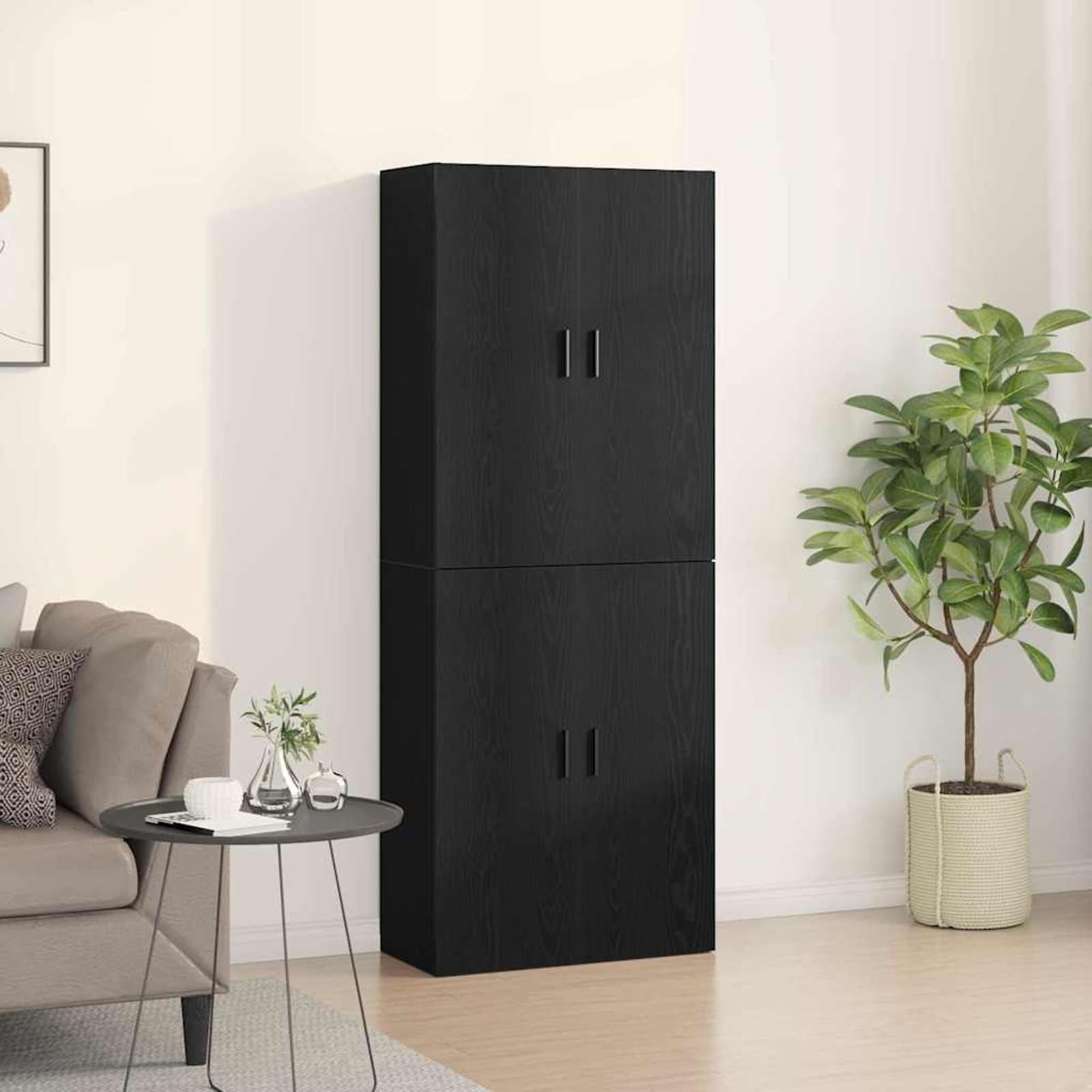 Armadio da parete, 2 pezzi, con 4 ante, colore nero, effetto rovere, 69,5 x 34 x 90 cm, in legno, montaggio a parete, per arredamento moderno
