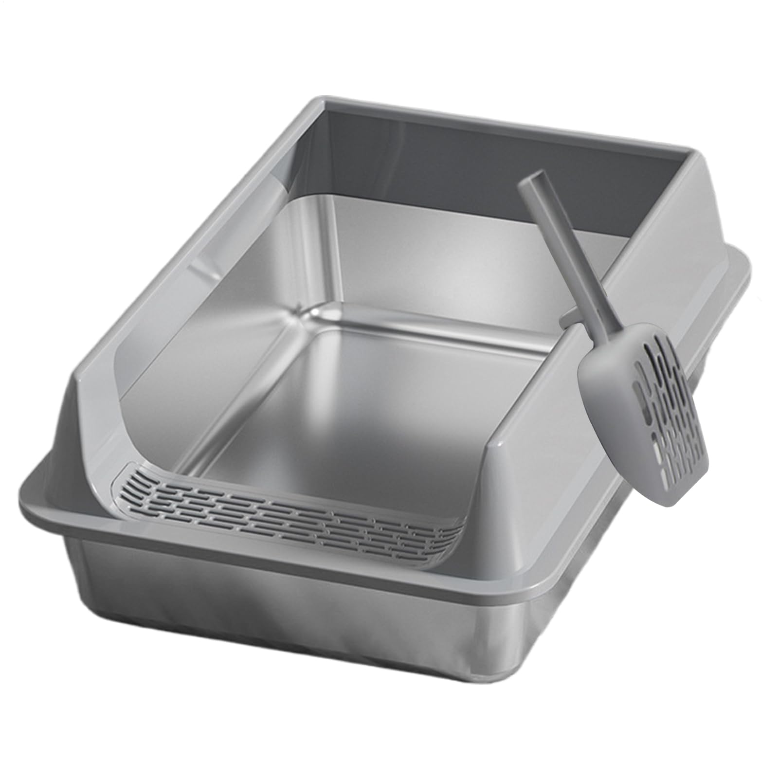 Lettiera per gatti in acciaio , 40 x 30 x 19 cm, profonda, semi-aperta | con pala, resistente agli spruzzi, design profondo, facile da pulire, igienico, resistente agli odori, per interni, balcone