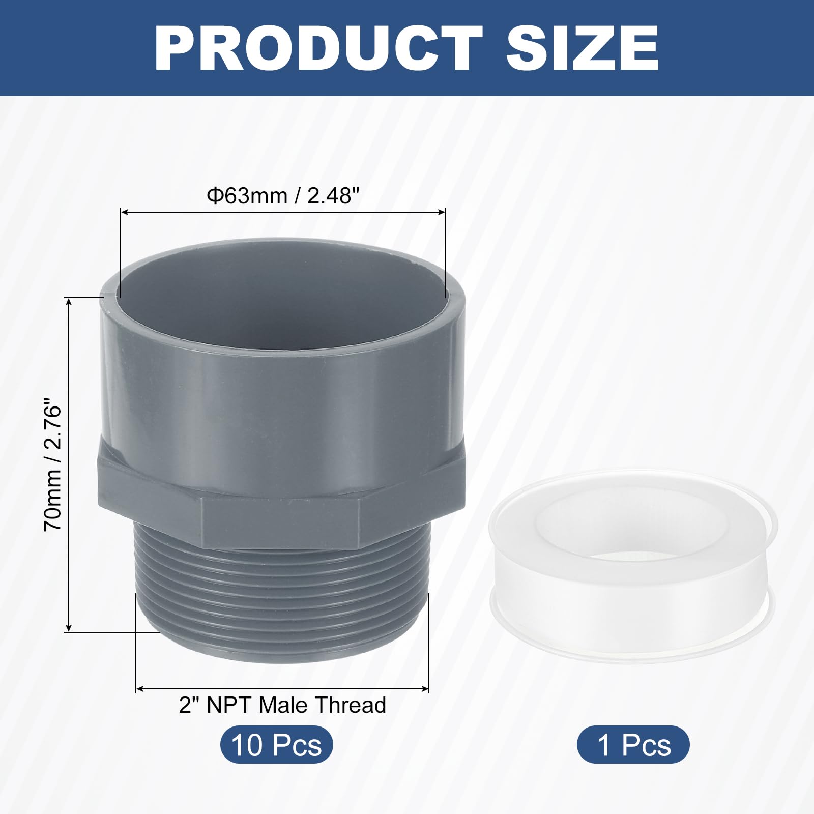 uxcell Adaptador de tubería macho de PVC, 10 conectores de tubería de PVC de 2 vías de 2 pulgadas con cinta selladora (enchufe x rosca macho), acoplamiento adaptador de manguera de PVC para línea de