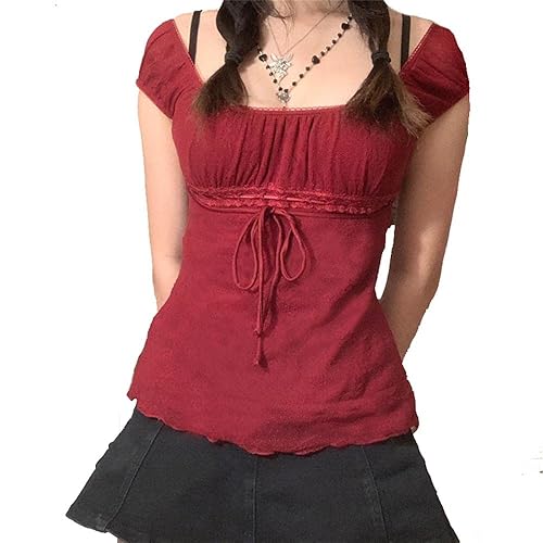 Women Fairy Grunge Y2k Shirts See Through Square Neck Lace Patchwork Tops Vintage Goth Aesthetic Clothing - A1 Red - Medium