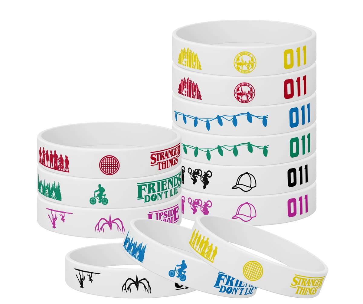 (12-Pack) Stranger Things Birthday Party Favor, White Stranger Things Themed Party Silicone Rubber Wristbands, Silicone Bracelet Ideal for ST Birthday Party Supplies and Favors, Gift for Boy Girl Teen
