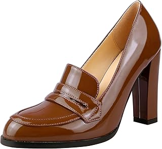 Women's Handmade Closed Round Toe Patent Leather Slip On Dressy Chunky High Heel Loafer Pumps Shoes for Work Party Evening