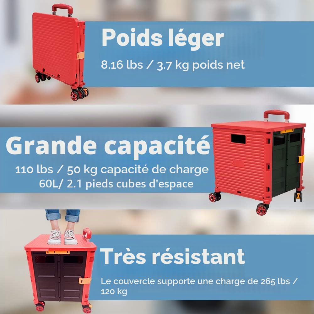 Caddie Pliable à Roulette, 54L/45KG Chariot Utilitaire Multifonctionnel et Durable de Grande Capacité avec Poignée Télescopique et 4 Roues Pivotantes Démontables pour Achats et Transportez, Rouge