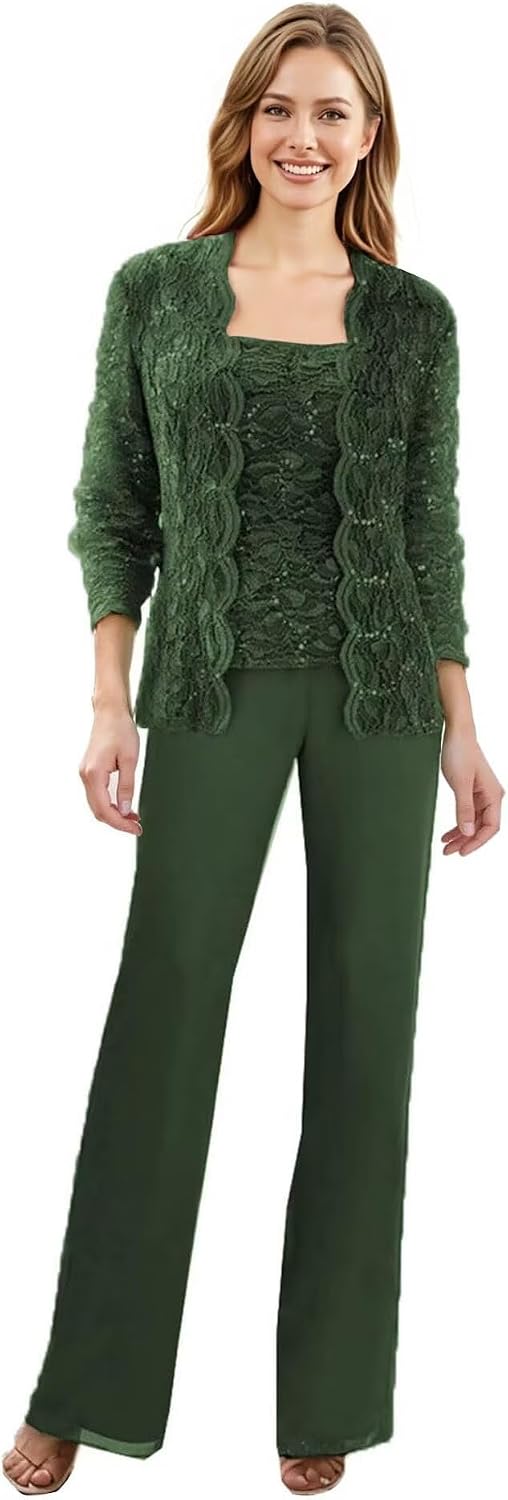 Mother of The Bride Pant Suits 3 Pieces Outfit with Jackets Lace Formal Evening Party Gowns