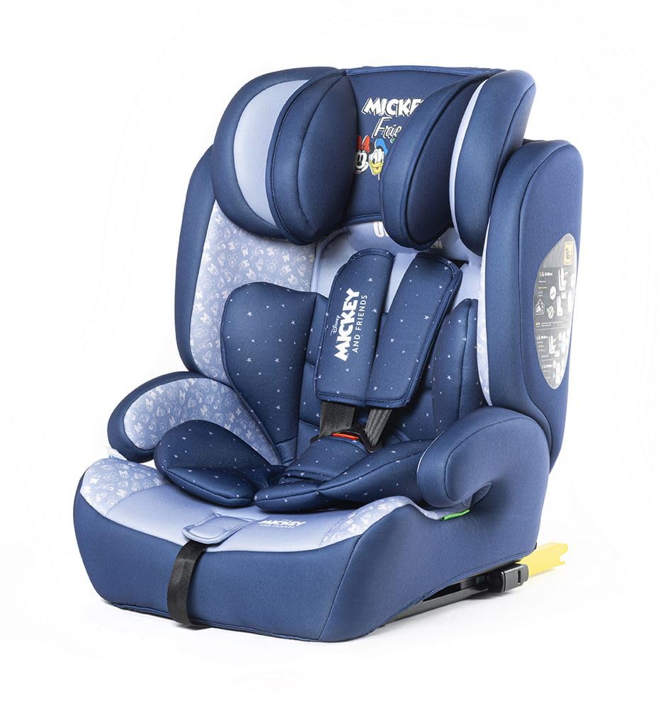 Disney Mickey Mouse Autositz Mit ISOFIX-Befestigung Für Kindersicherheit Mit Einer Körpergröße Von 76 Bis 150 Cm Mit Grafiken Von Mickey Mouse Und Seinen Freunden Auf Blauem Hintergrund