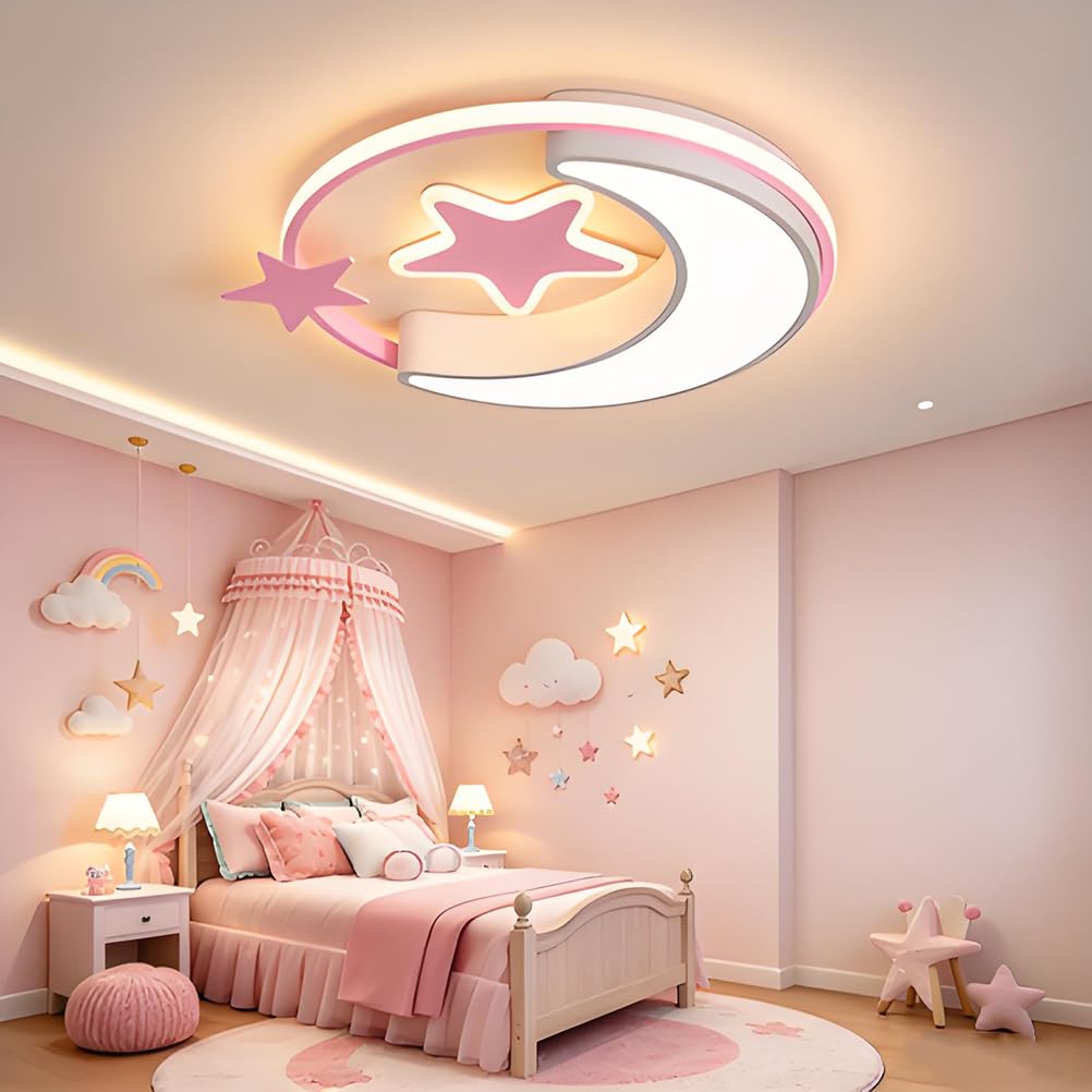 AoLa Lampa sufitowa pokoju dziecięcego ściemnialna za pomocą pilota wzór gwiazdy i księżyca okrągła nowoczesny i kreatywny design dla chłopców i dziewczynek dekoracja pokoju 3000K-6000K,Pink