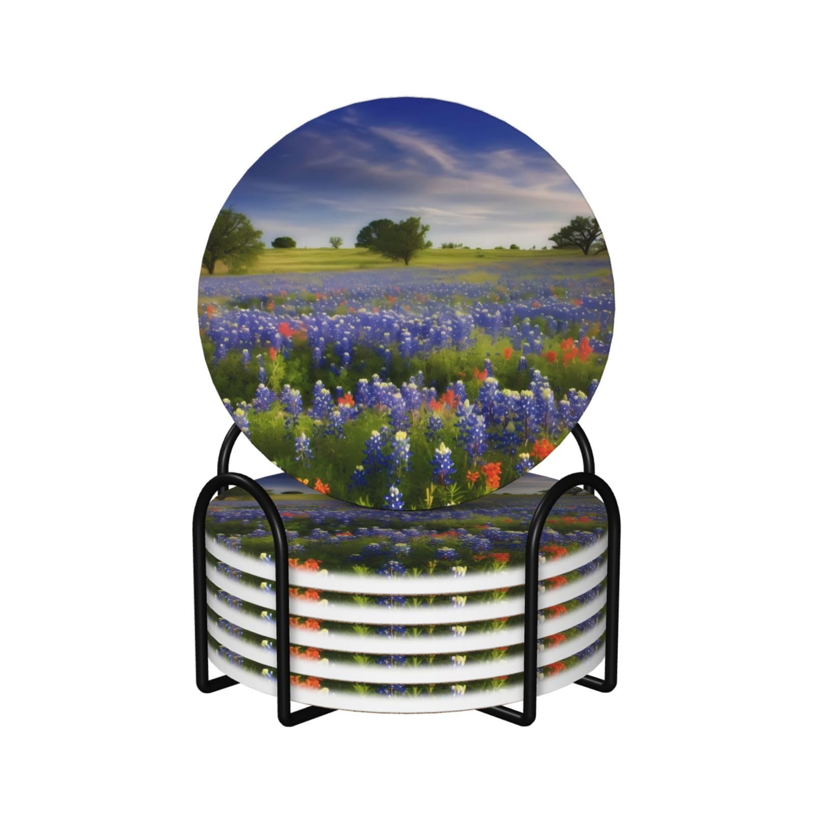 Dessous de verre en céramique haut de gamme avec support élégant motif floral Bluebonnets