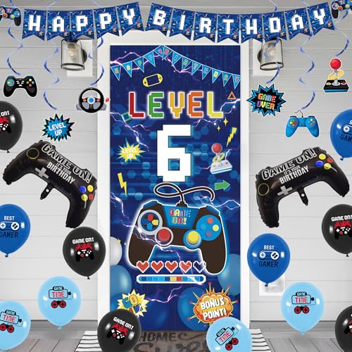 Image of Vlipoeasn Blue 6th Birthday Decorations for Boys, Video Game Level 6 Banner Backdrop Hanging Swirls for 6th Birthday Party, Gamer 6 Years Old Party Supplies