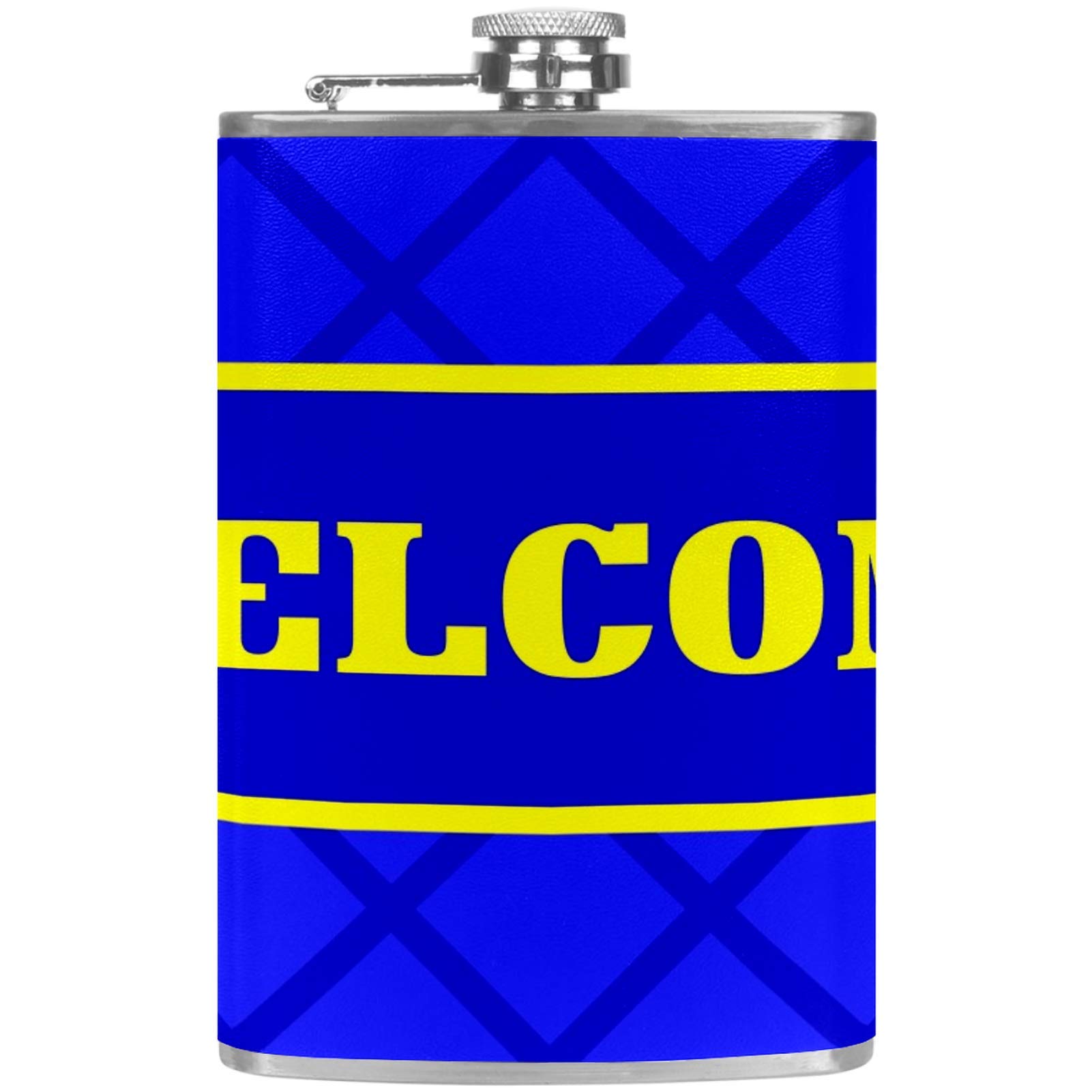 Flasque à whisky en cuir bleu et jaune avec son entonnoir de poche pour spiritueux