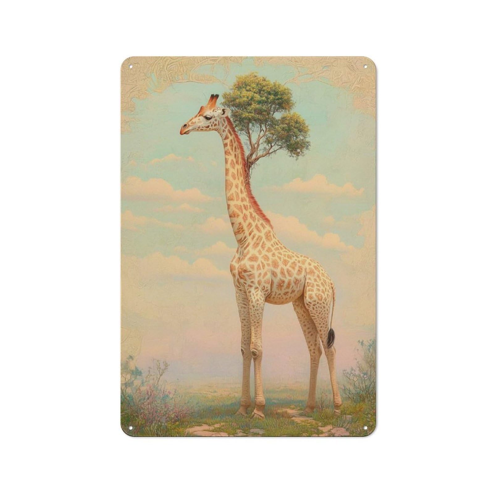 Junmoney Fantasy Giraffe Animal Industrial Metal Wall Sign 30X20cm Featuring Urban Room Decor For Loft, Studio, Office Or Creative Room