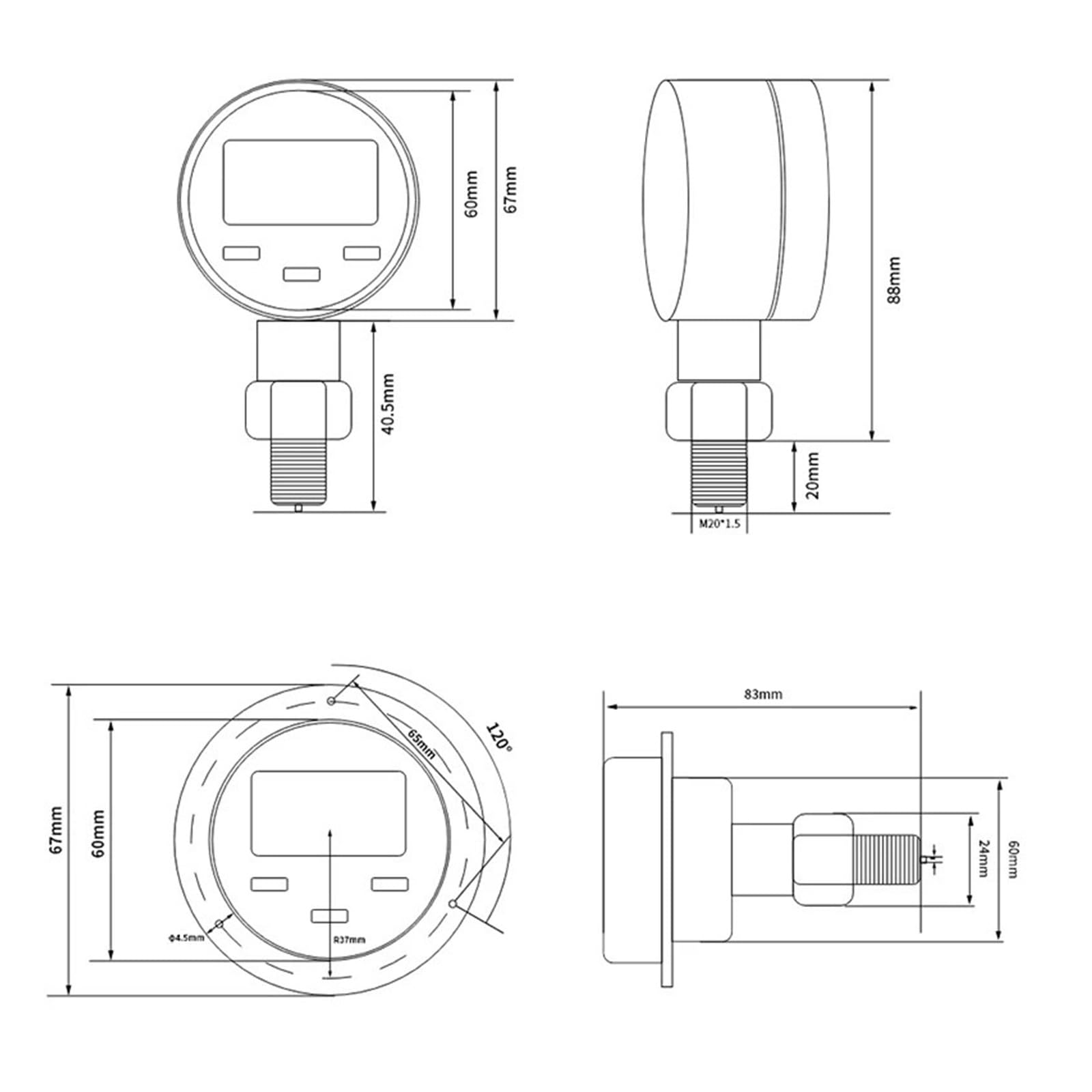 LCD-Digitalmanometer, 0–600 bar, mechanisches Manometer G1/2, digitales Manometer for Luft/Öl/Wasser-Messwerkzeug(0-100KPa,Npt1-2 Radial)