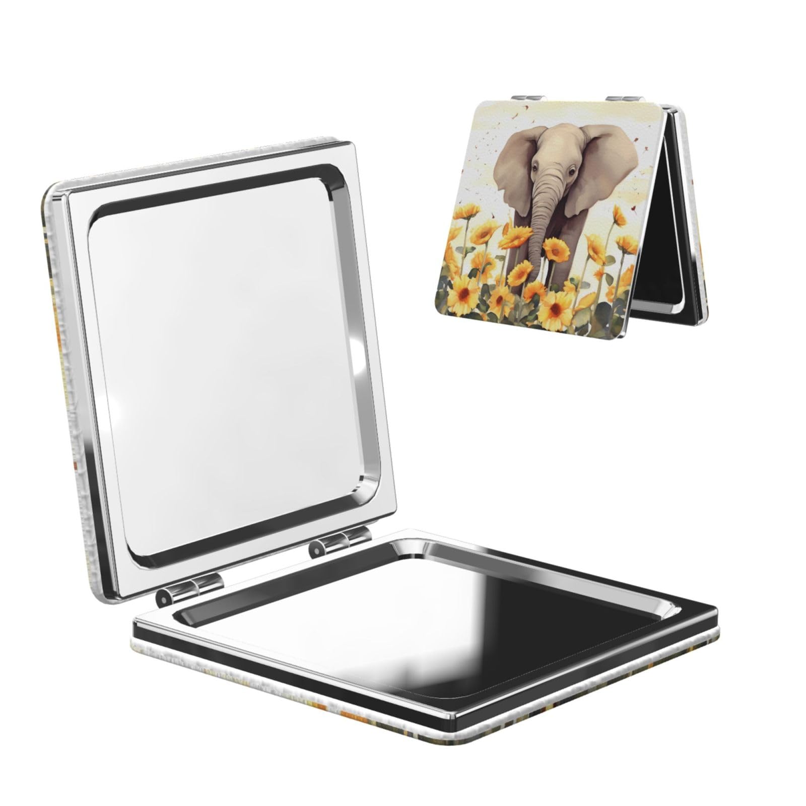 DWVTSLH Elephant and Sunflower Compact Mirror for Purse, Double-Sided 2X/1X Magnifying Mirror for Women Men, Travel Makeup Mirror for Handbag, Handheld Vanity Mirror for Gift