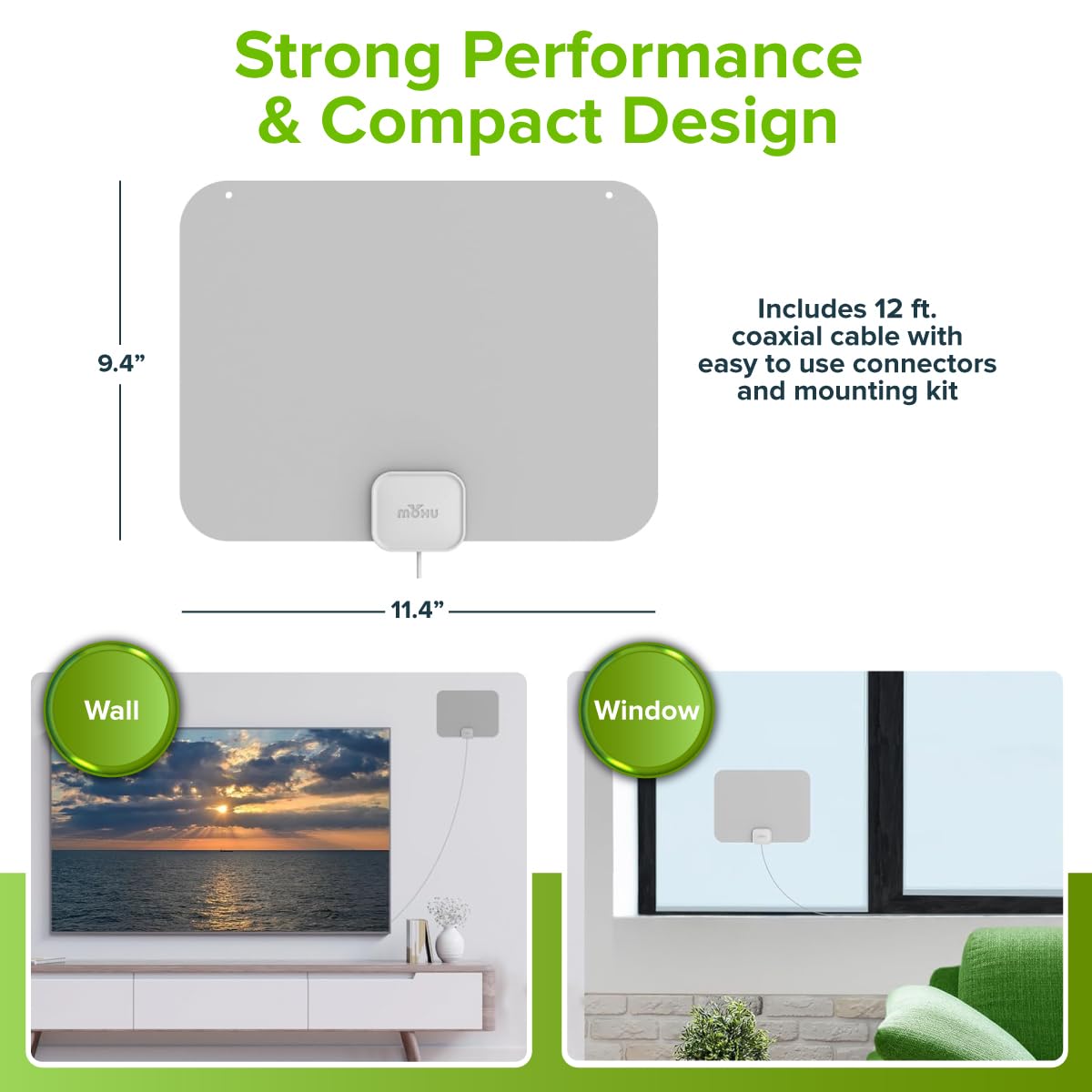 Mohu Leaf Amplified - Antena de TV interior ultrafina, rango de 60 millas, amplificador de interruptor de sacudidas, UHF VHF, multidireccional, 4K UHD, NEXTGEN TV, con cable de 12 pies