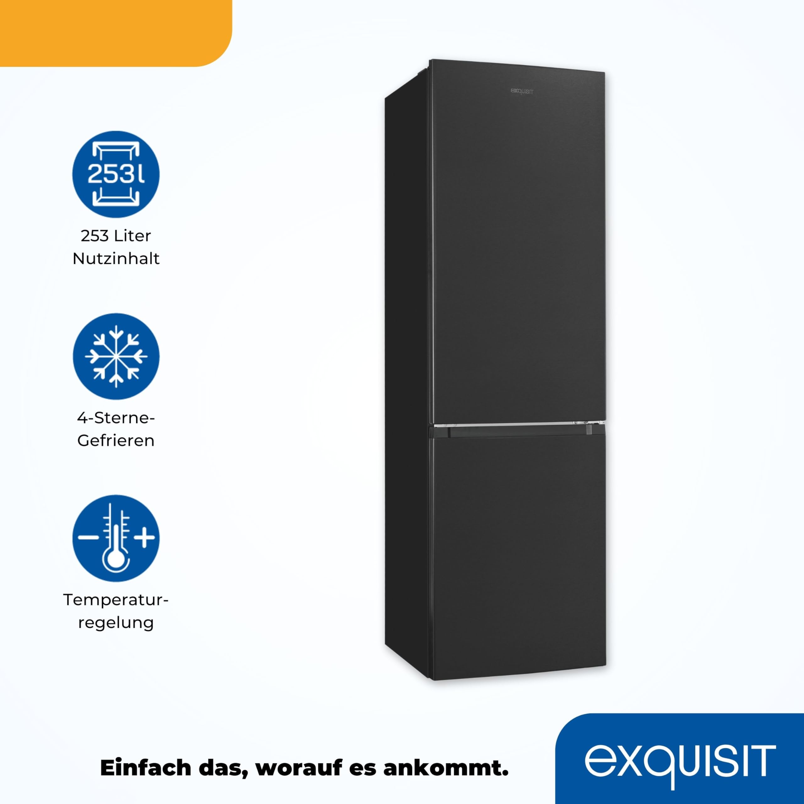Exquisit Kühl-Gefrierkombination No-Frost Freistehend, 253 L | Energieklasse C, 141 kWh/Jahr – 39 dB leise – Türanschlag wechselbar – Edelstahloptik – LED