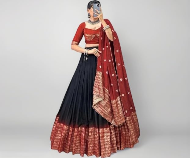 Woman's perfectly Navratri Collection Tussar Silk Lehenga Choli Patola Print with Foil Work