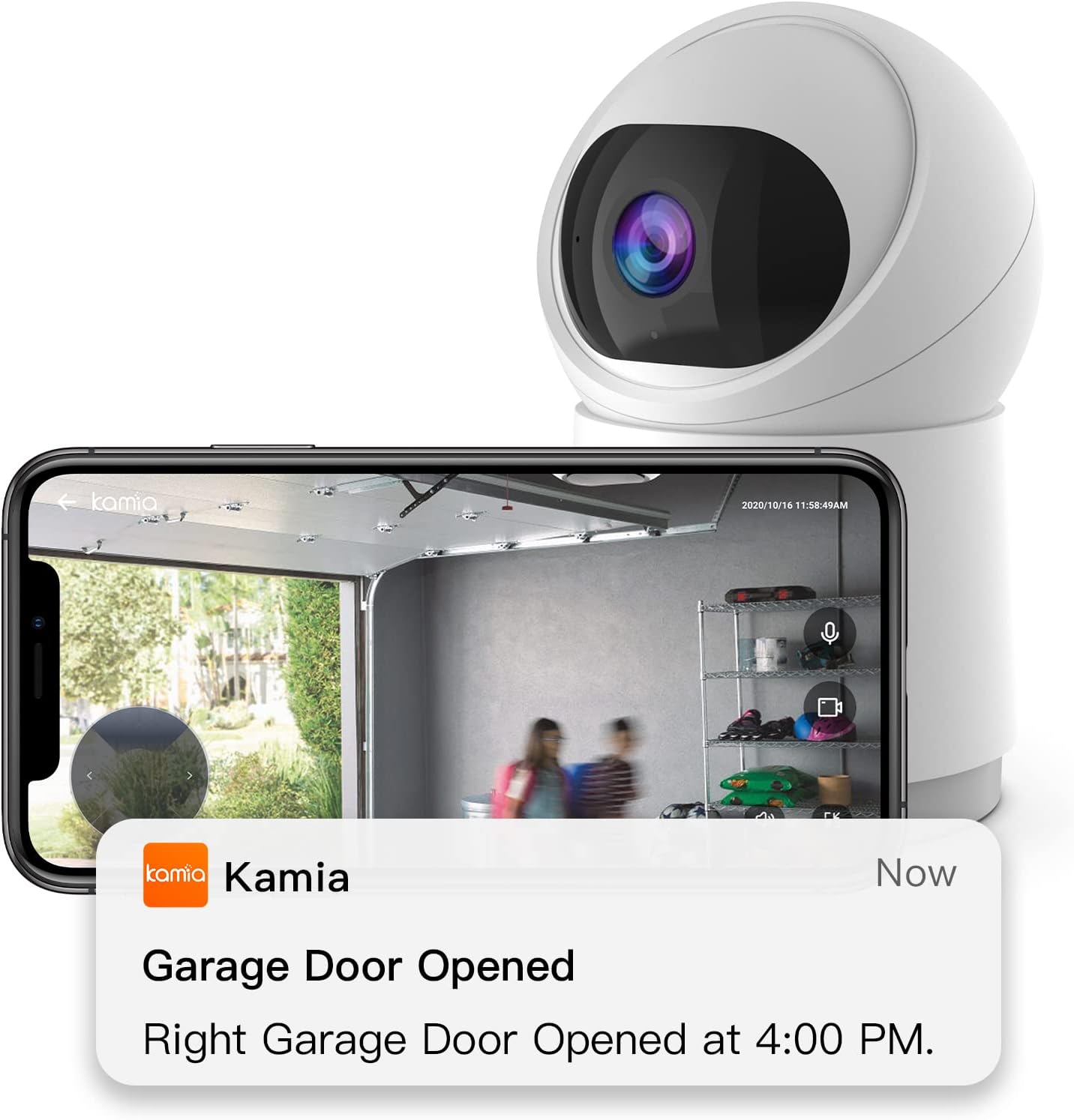 Kamia GarageCam PT camera with a smartphone showing a 'Garage Door Opened' alert.