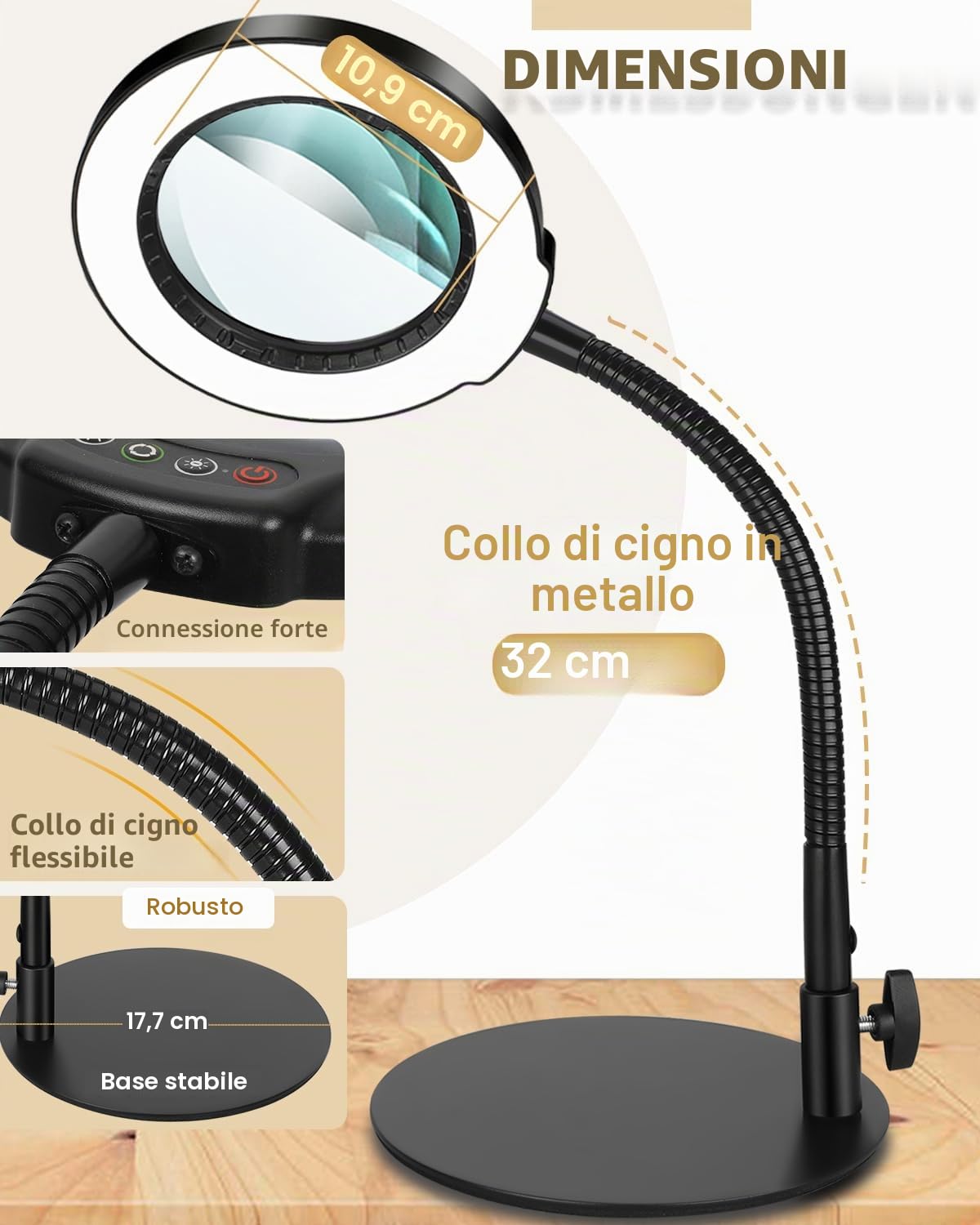 Veemagni 12X Lente di Ingrandimento con Luce e Supporto, Lampada da Tavolo LED Dimmerabile in 5 Modalità di Colore, Lampada Lente Ingrandimento Flessibile a Collo D'oca per Pittura, Cucito, Hobby