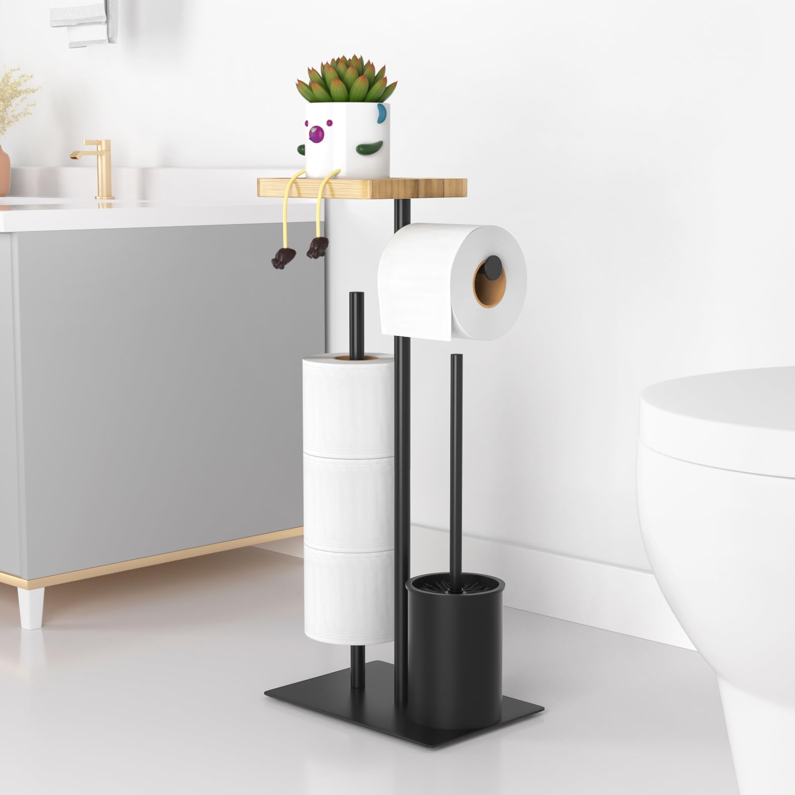 Susswiff Piantana Portarotolo e Scopino - Porta Carta Igienica Nero con Scaffale per Salviettine Umidificate, Acciaio Inox con Spazzolino WC, in Piedi