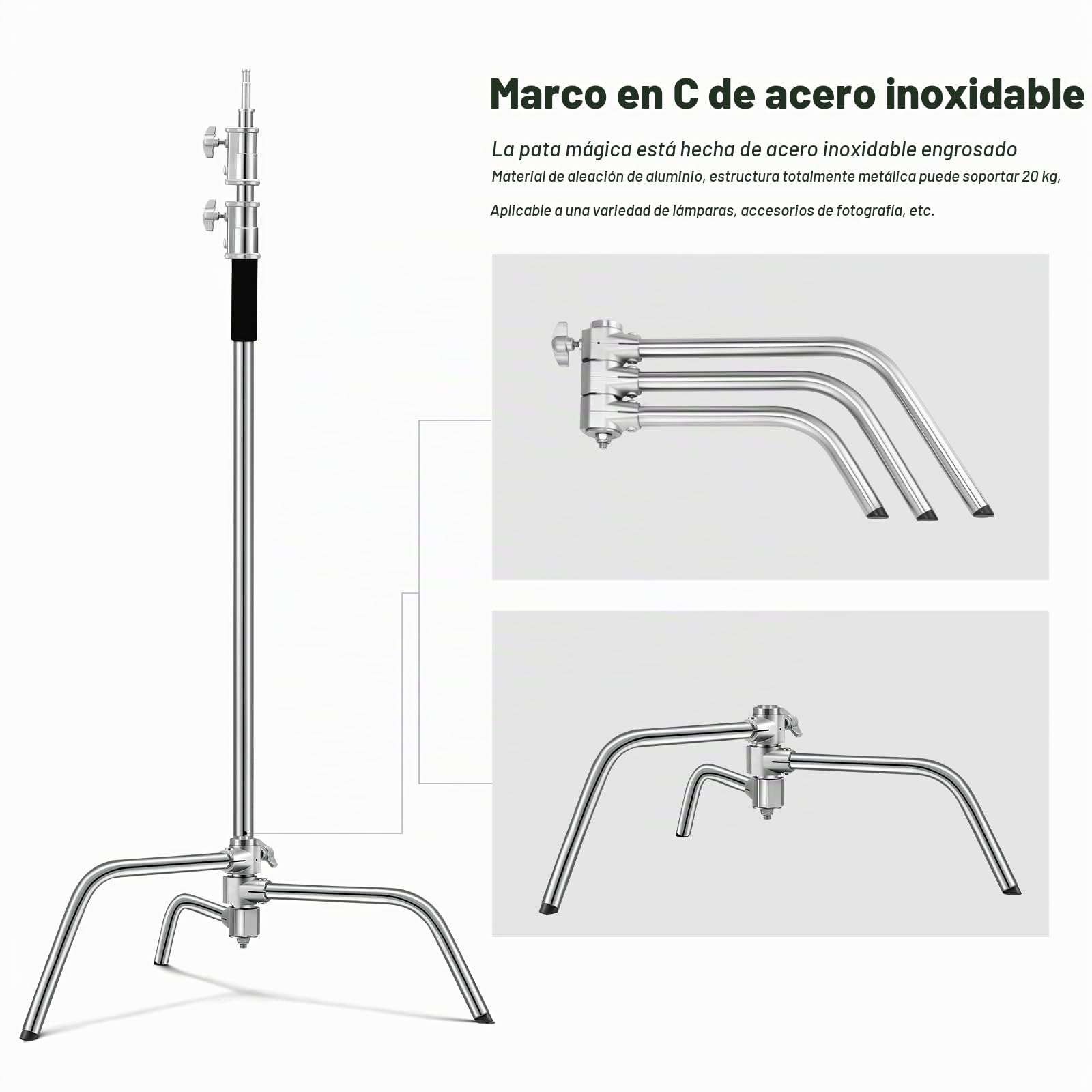 SOONPHO 2-Pack C Stand 100% Acero Inoxidable Heavy Duty Soporte en C Trípode 330cm con 130cm Brazo de Sujeción Kit,Cabeza de Agarre,Sacos de Arena y Clips para Godox AD200 Pro SK400II Aputure(Plata)