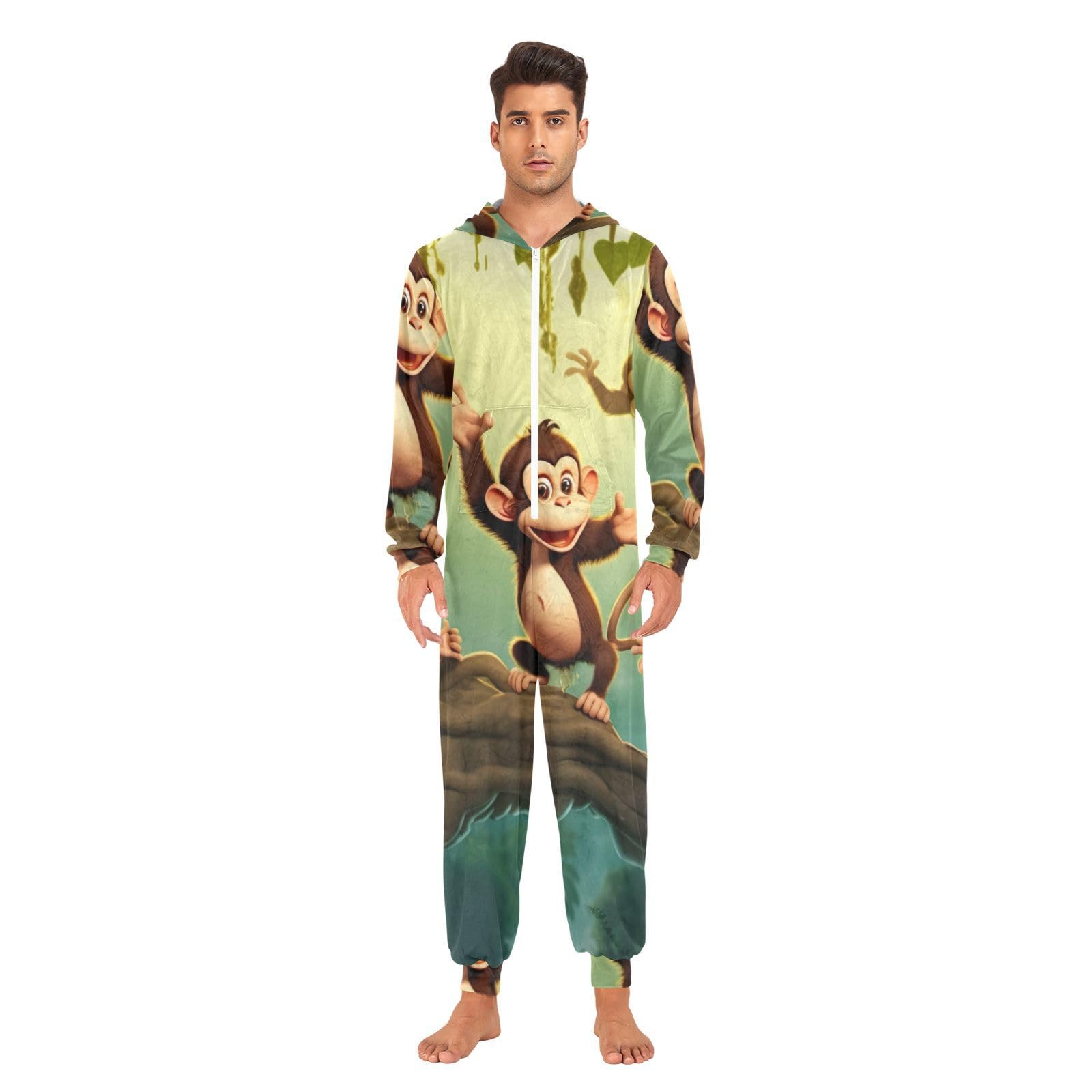 GAIREG Jungle Monkeys Onesie Pjs Adult Womens, ciepła jednoczęściowa piżama z kapturem