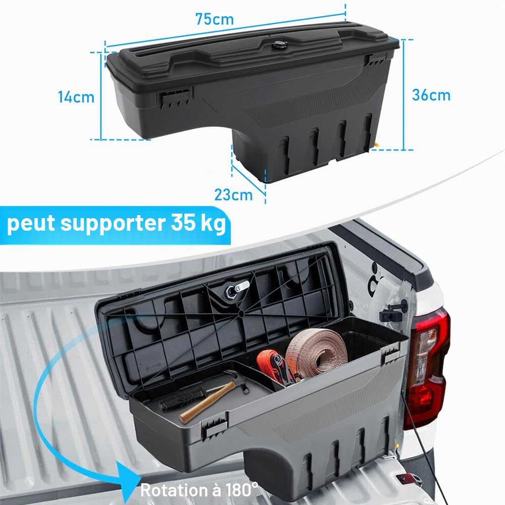 Boîte à outils pour Ford Ranger 2023 2024 2025 T9 Pickup Wildtrak Raptor XL XLT Limited Tremor Platinum Boîte à outils Organiseur 180° Swing Case (côté droit)