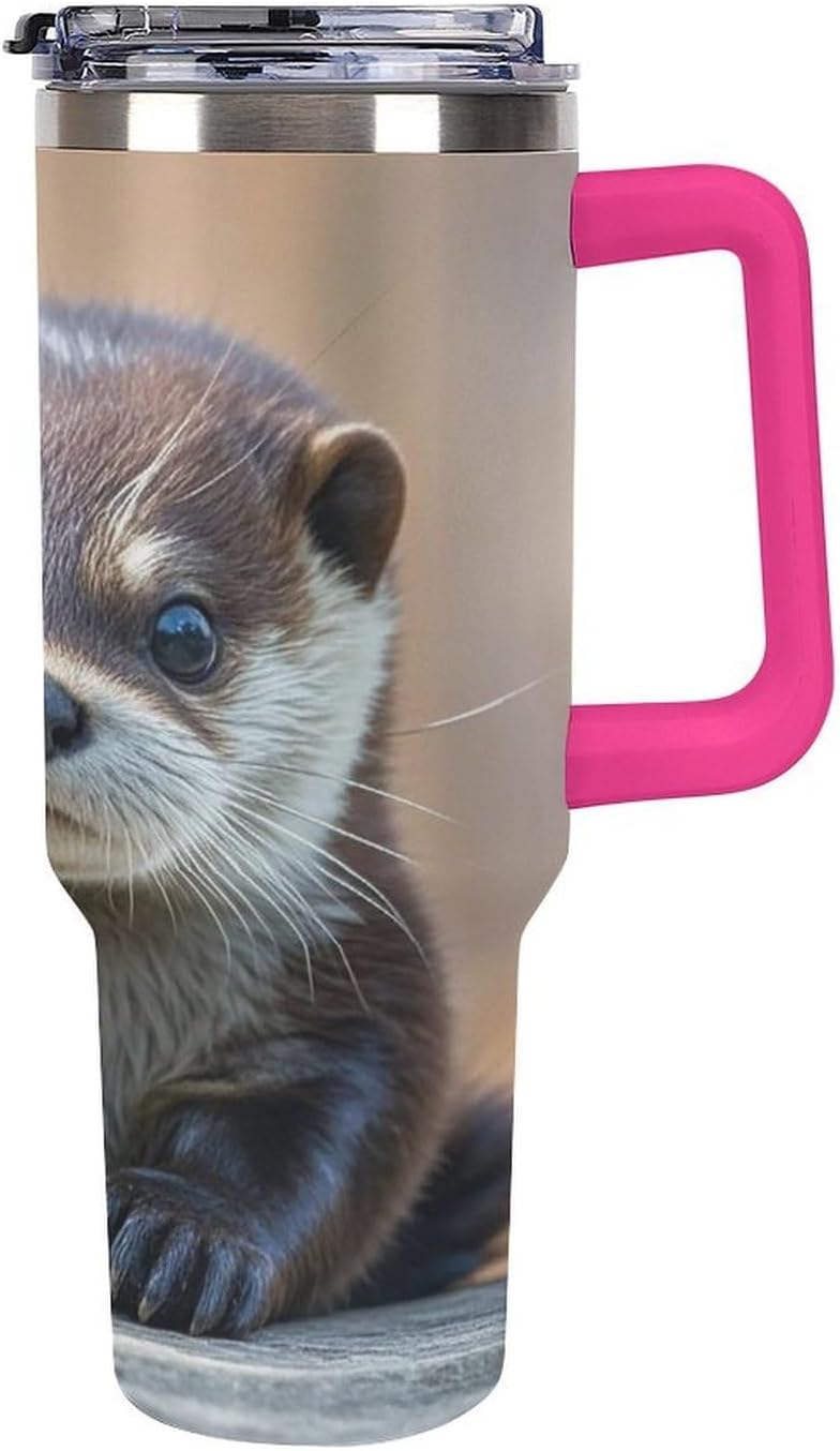 Cute Otter Tumbler 40 Oz with Handle&Lid Large Car Cup Stainless Steel Vacuum Travel Mug Insulated Water Bottle Leak-proof Portable Coffee Cup for Home Car Outdoor