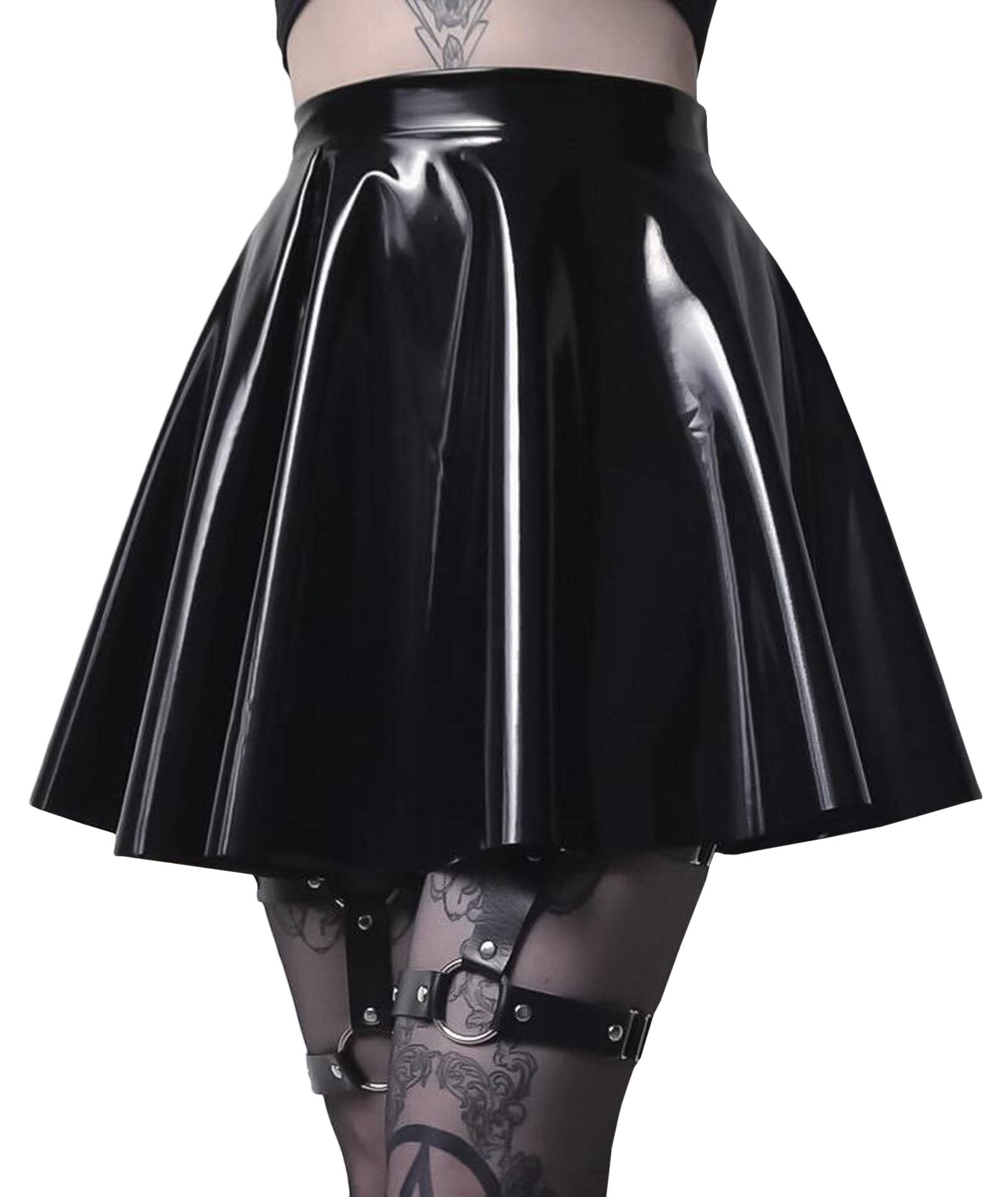 SEMATOMALA Women's PVC PU Leather Short Skater Skirt Black Latex Wet Look Shiny Pleated Flared A Line Mini Skirt Clubwear