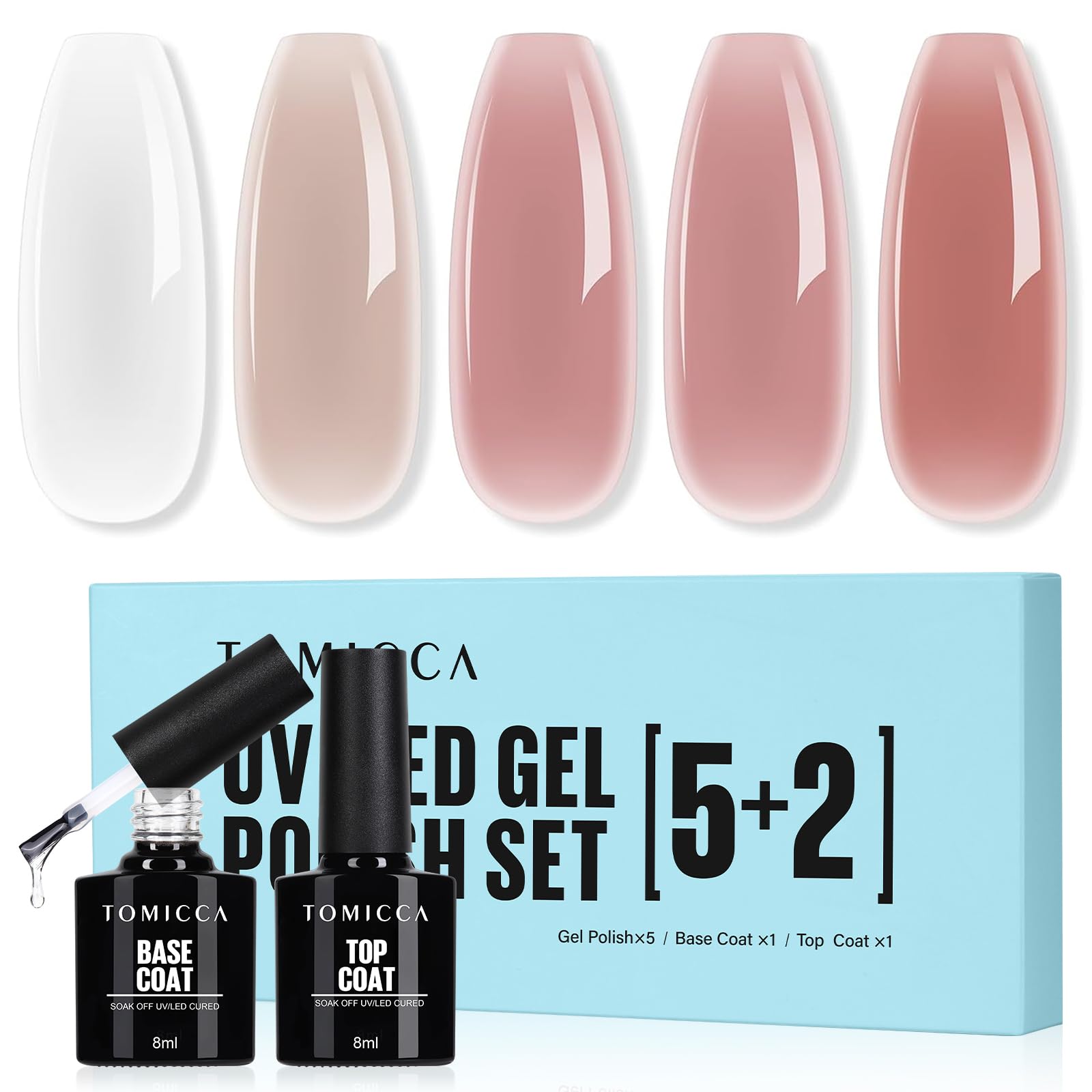 TOMICCA Jelly Gel Nail Polish Set Milk White Nude Red Sheer Gel Polish with Base and Top Coat, Spring Summer Natural Nail Polish Gel Soak Off UV Nail Manicure Starter Kit Days Gift DIY at Home