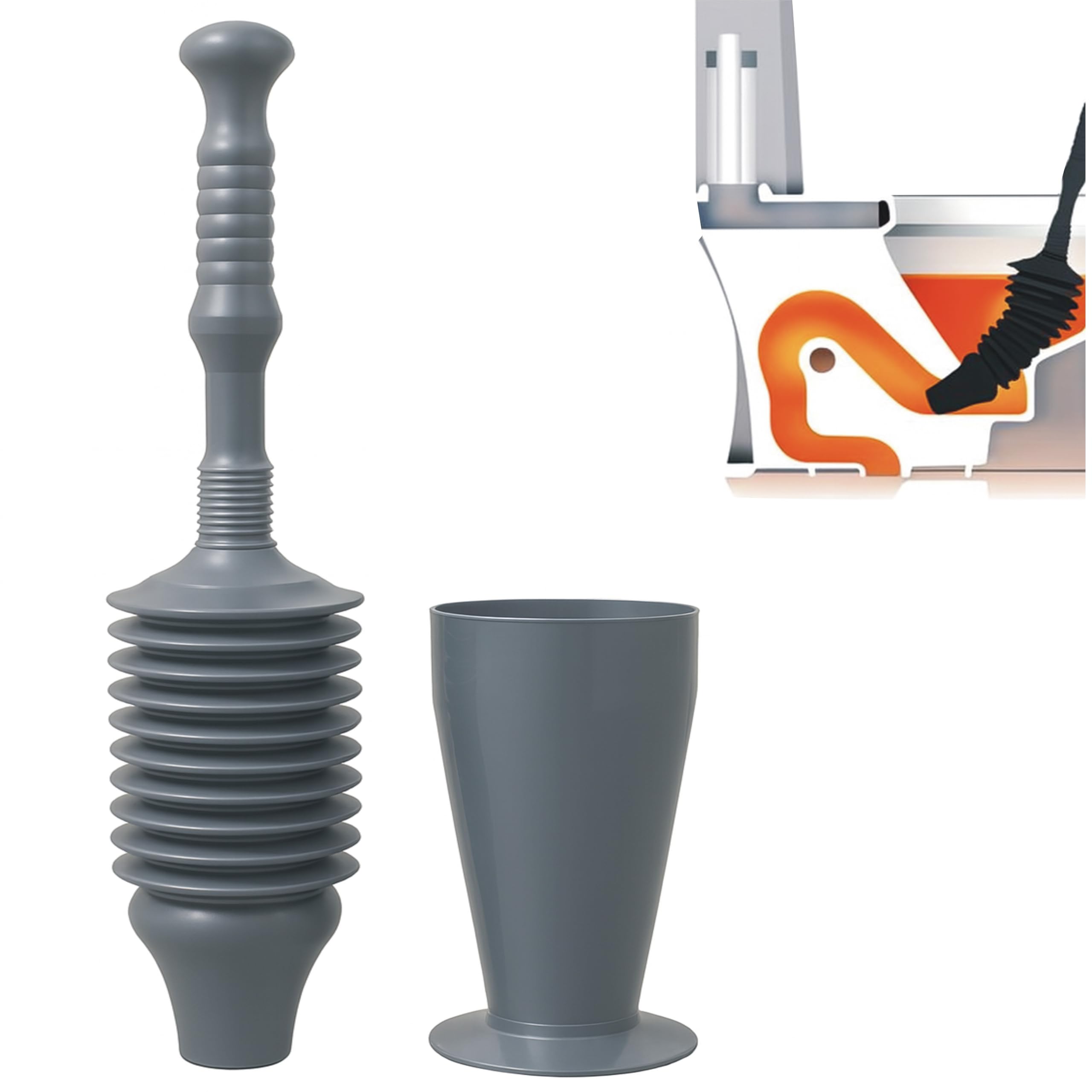 Powerful plunger with holder clears toilet, sink, bath, and drain blockages. Heavy-duty suction and durable plastic handle ensure fast, effective clog removal in kitchens and bathrooms. (SILVER)