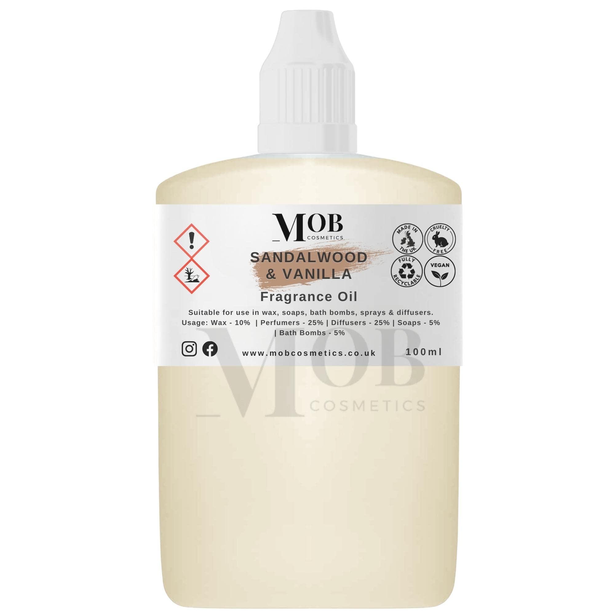Luxury and Designer Fragrance Oil | Highly Concentrated | Perfect for Candles, Soaps, Bath Bombs, Diffusers, Wax Melts | UK Made | Vegan (Sandalwood and Vanilla, 100ml (Pack of 1))