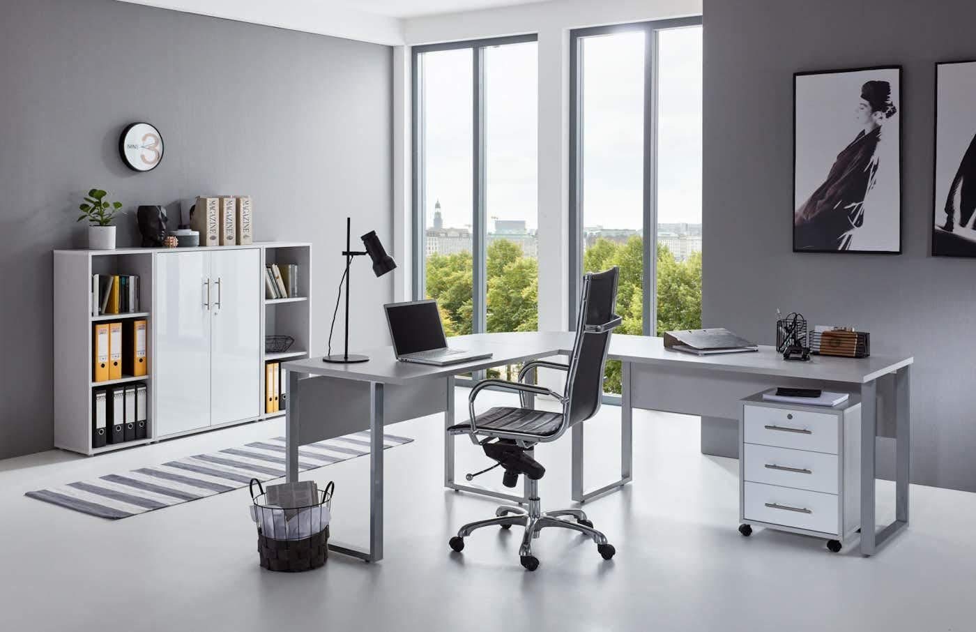 Homeoffice Büromöbel Komplettset Office Edition Set 2 in Grau/Weiß Matt Winkelschreibtisch Rollcontainer Schrankwand Made in Germany