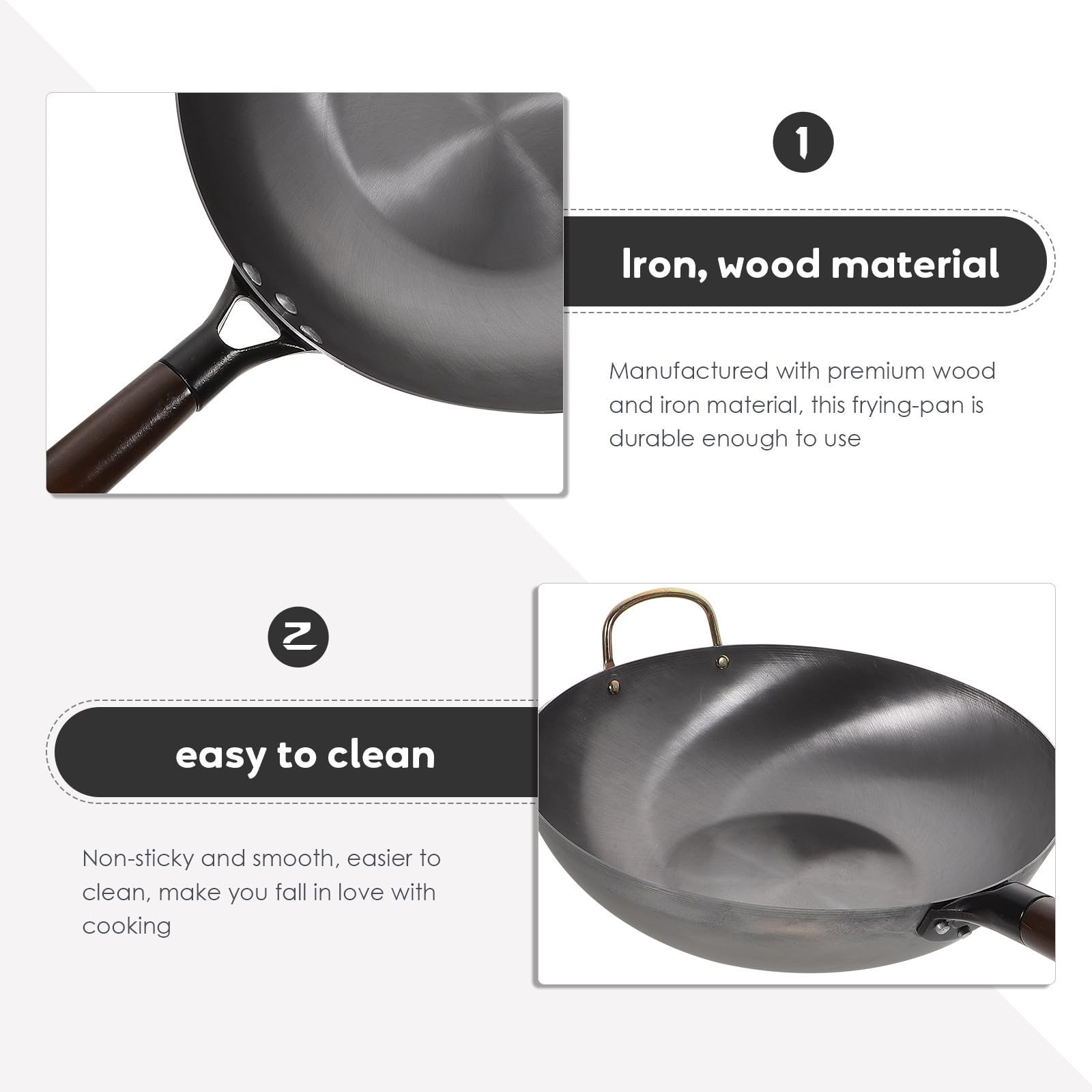 Wok Multifuncional de Hierro Negro Mango de Madera para Camping